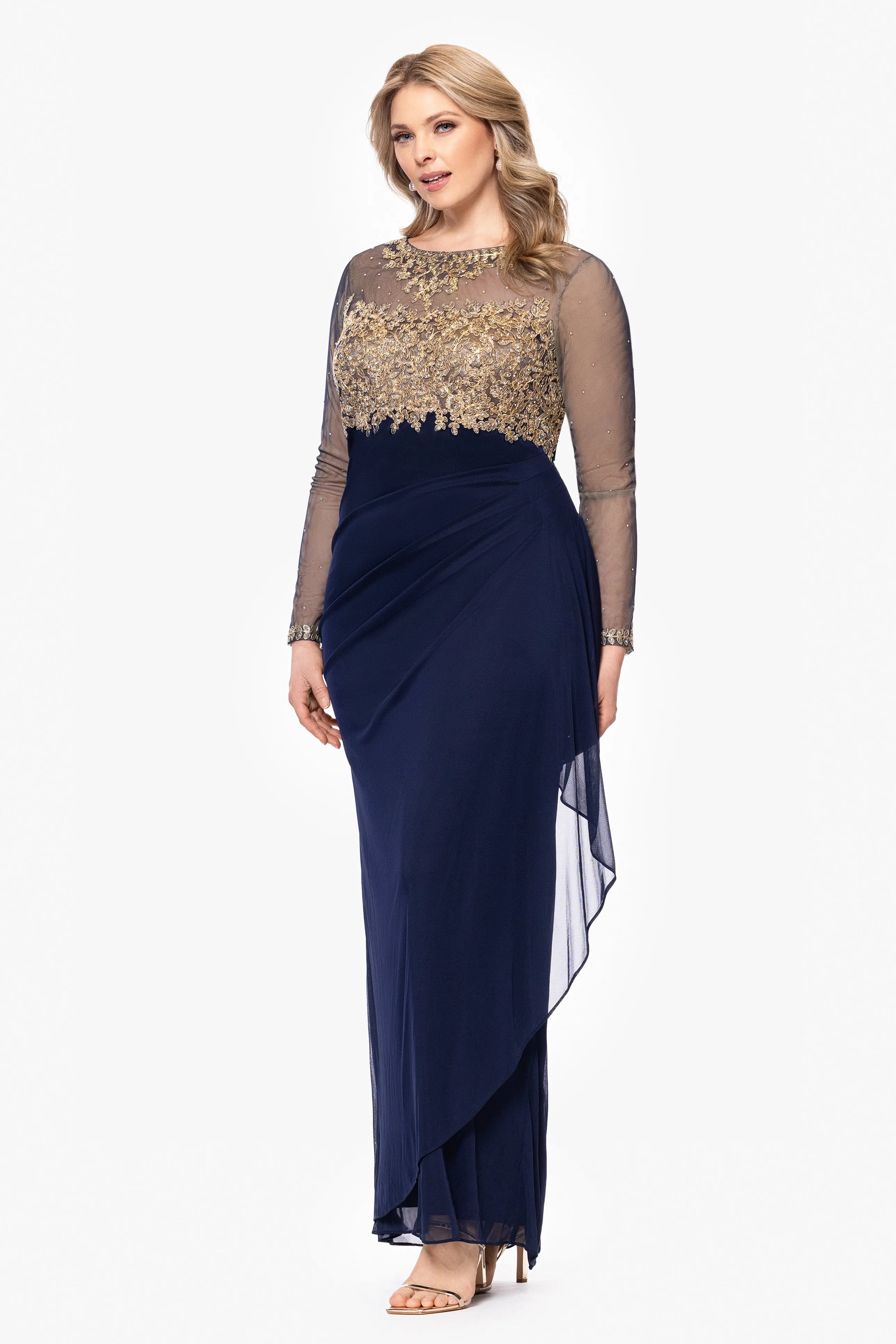 Plus "Noah" Long Sleeve Sheer Matte Jersey Ruched Back Dress sold by Xscape product image thumbnail 4