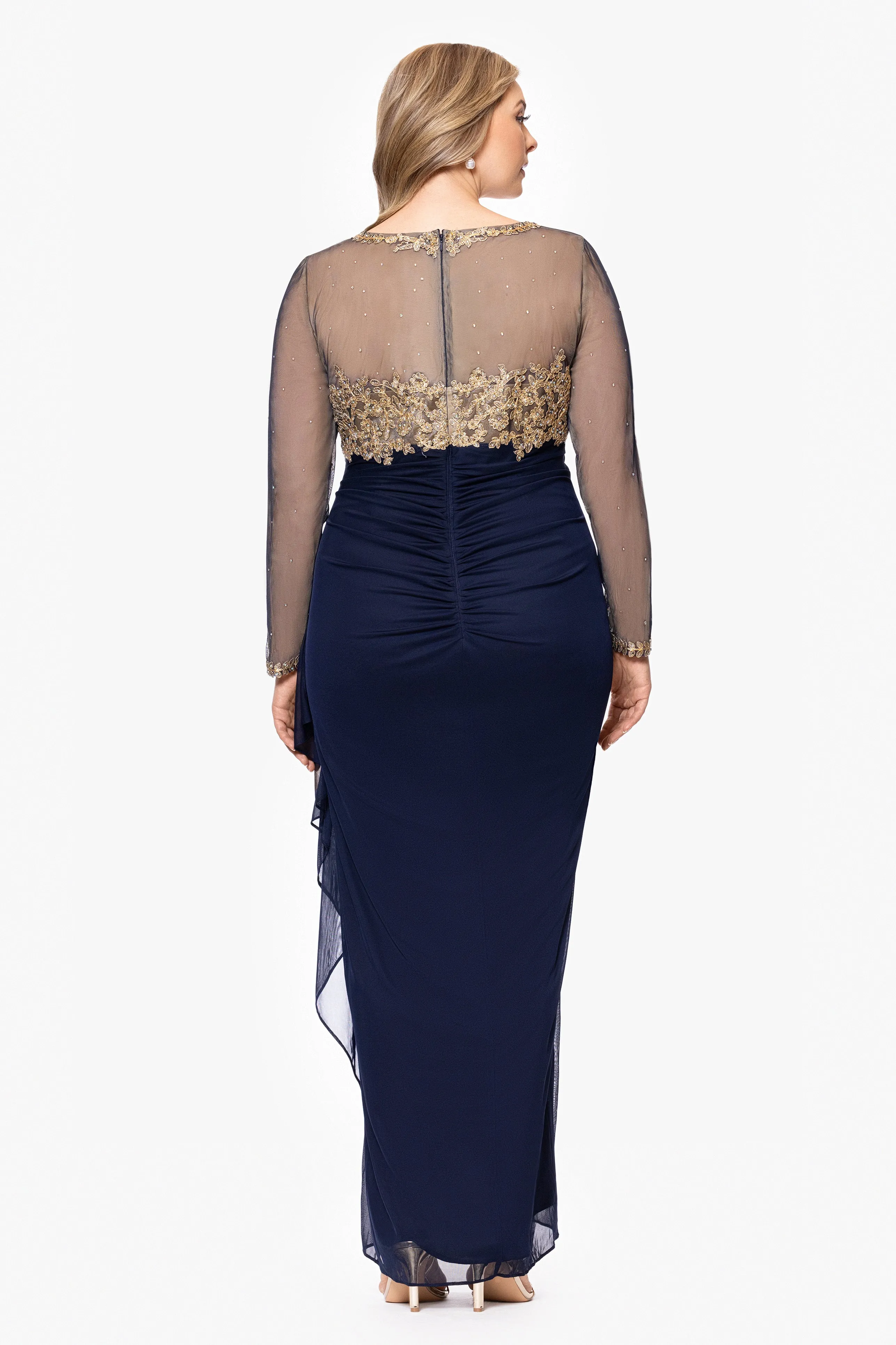 Plus "Noah" Long Sleeve Sheer Matte Jersey Ruched Back Dress sold by Xscape product image thumbnail 3