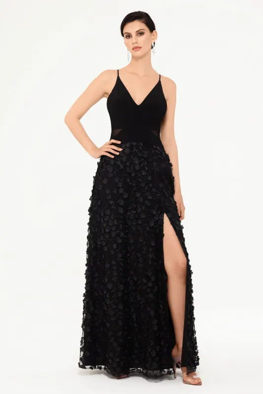 Petite "Iris" Jersey Knit V-Neck Raised Flower Long Dress sold by Xscape