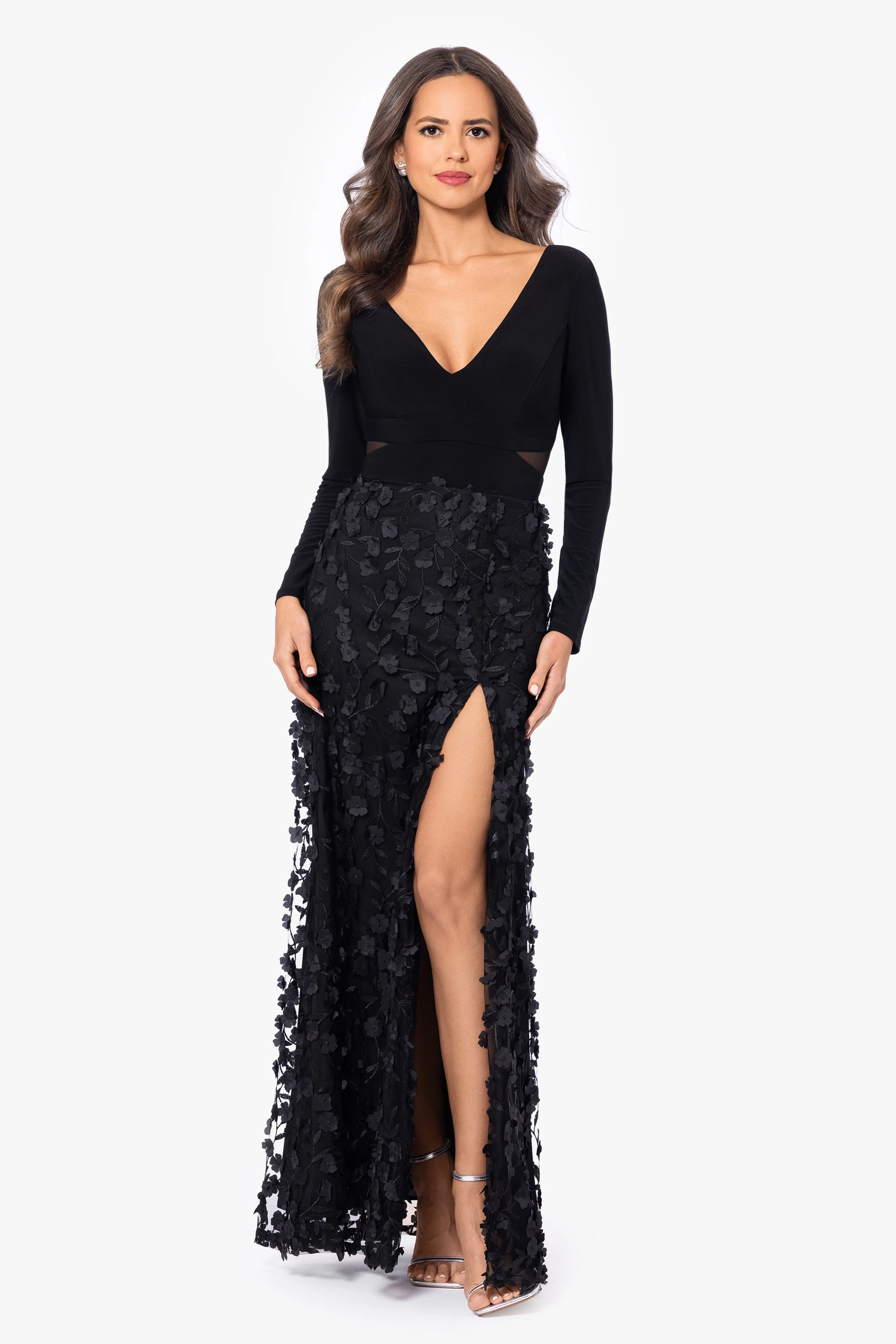 "Aurora" V - Neck Long Sleeve Raised Flower Slit Dress sold by Xscape product image thumbnail 3