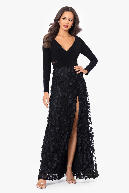 "Aurora" V - Neck Long Sleeve Raised Flower Slit Dress sold by Xscape