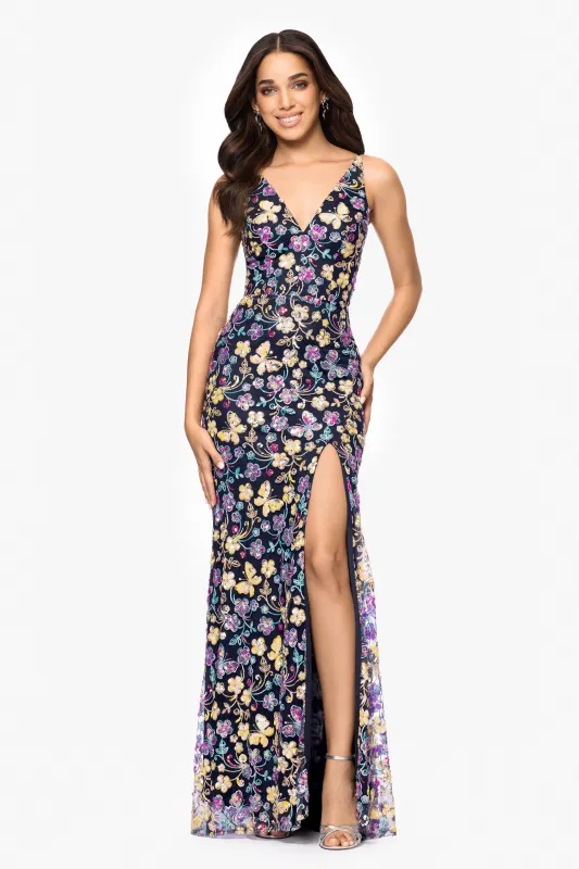 Blondie Nites "Carmen" Sequin Pattern V-Neck Floor Length Dress sold by Xscape