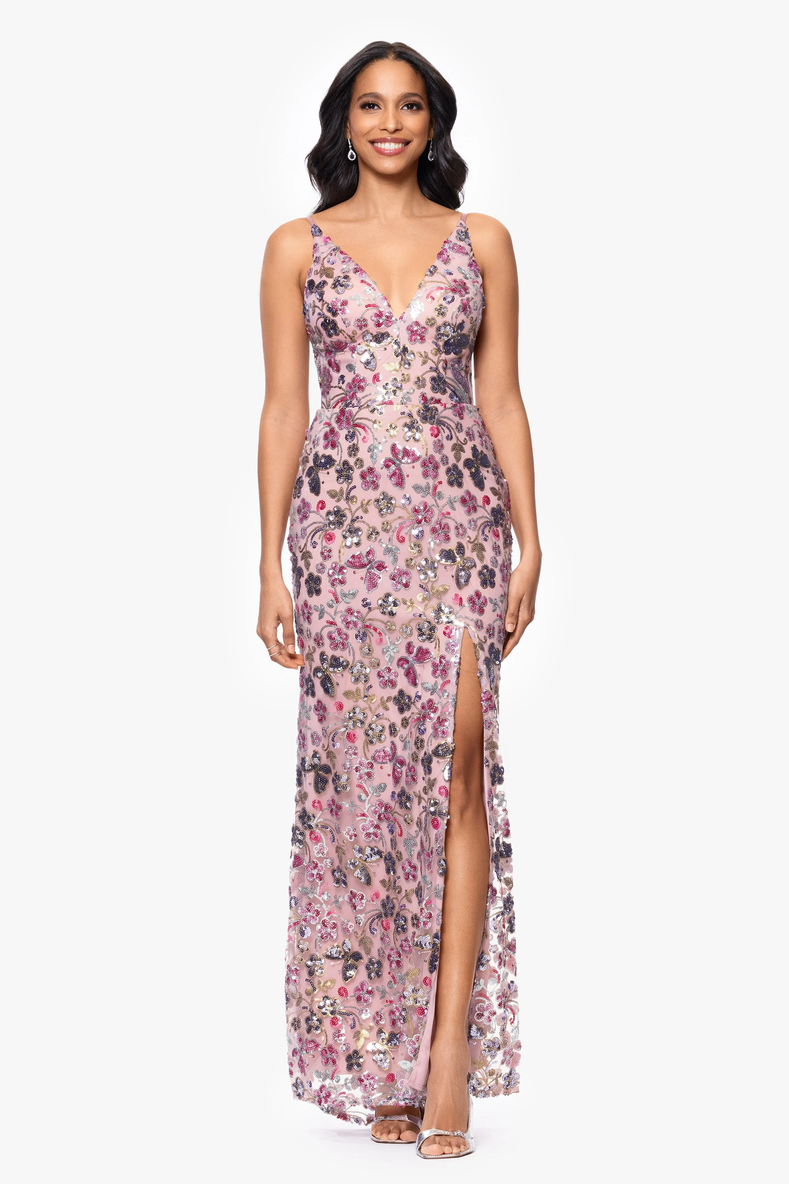 Blondie Nites "Carmen" Sequin Pattern V-Neck Floor Length Dress sold by Xscape