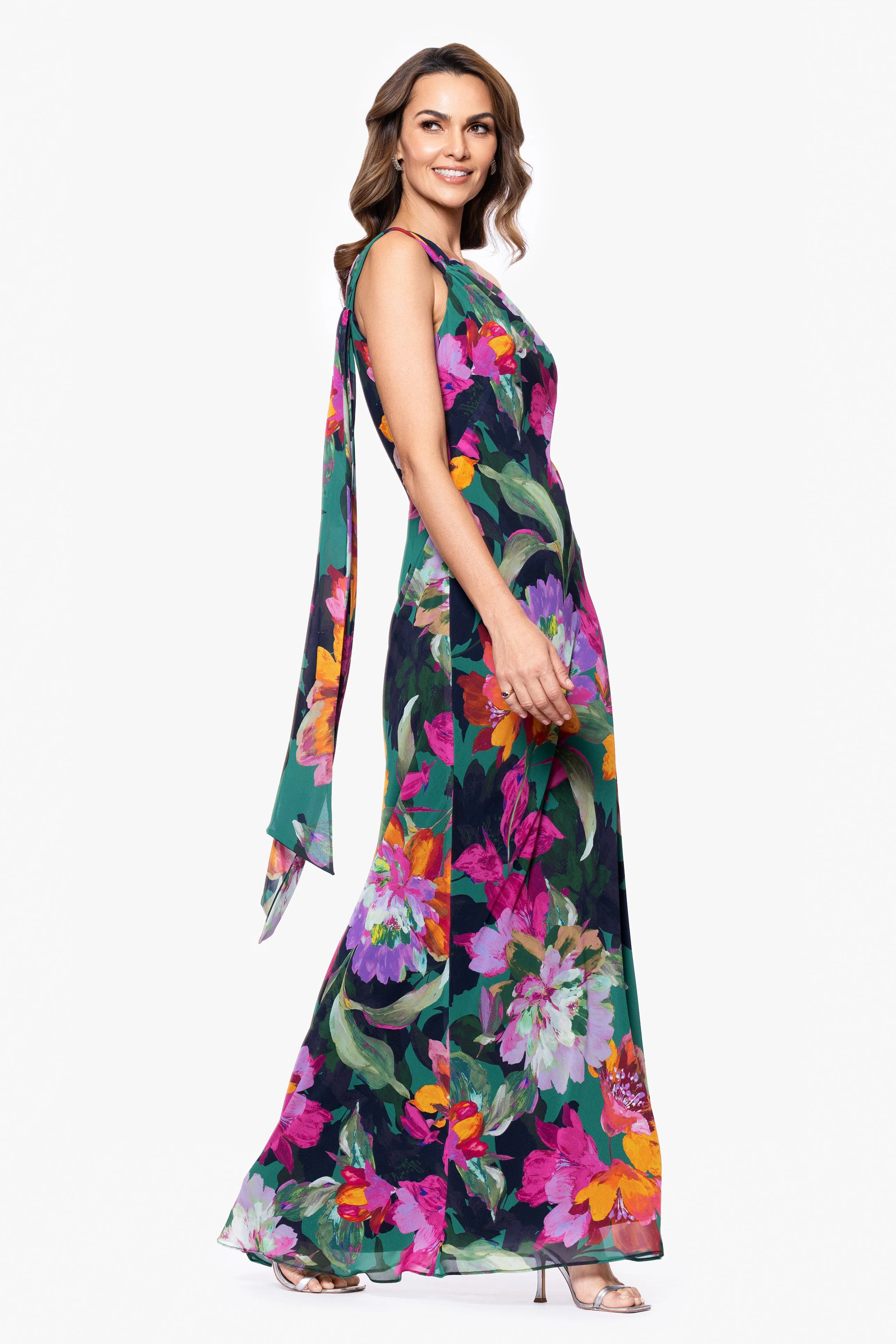 "Michelle" Print Chiffon One Shoulder Floor Length Dress sold by Xscape product image thumbnail 4