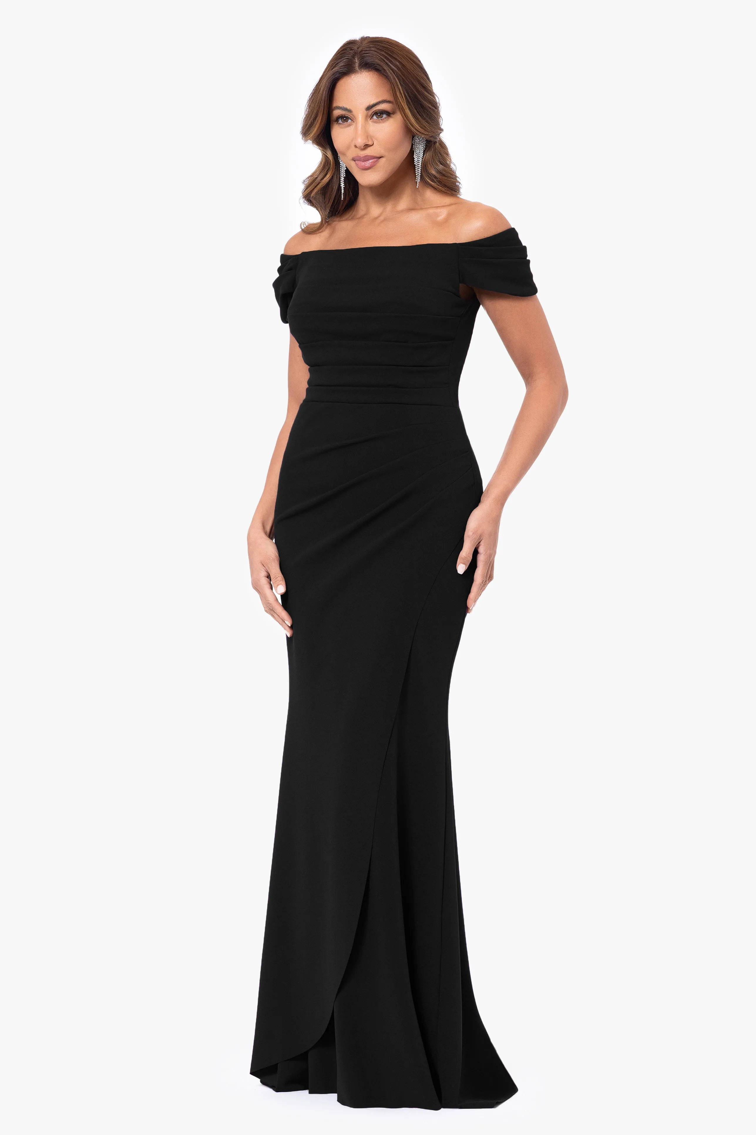 "Dani" Long Scuba Crepe Off the Shoulder Rouched Dress sold by Xscape product image thumbnail 4