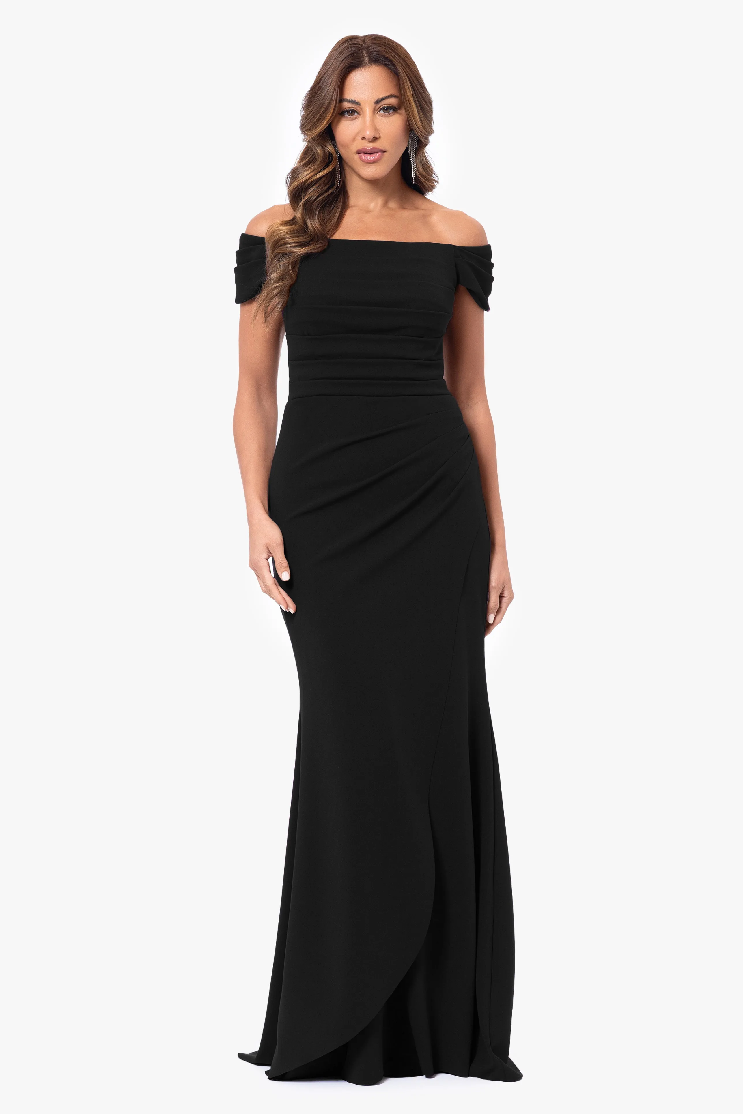 "Dani" Long Scuba Crepe Off the Shoulder Rouched Dress sold by Xscape