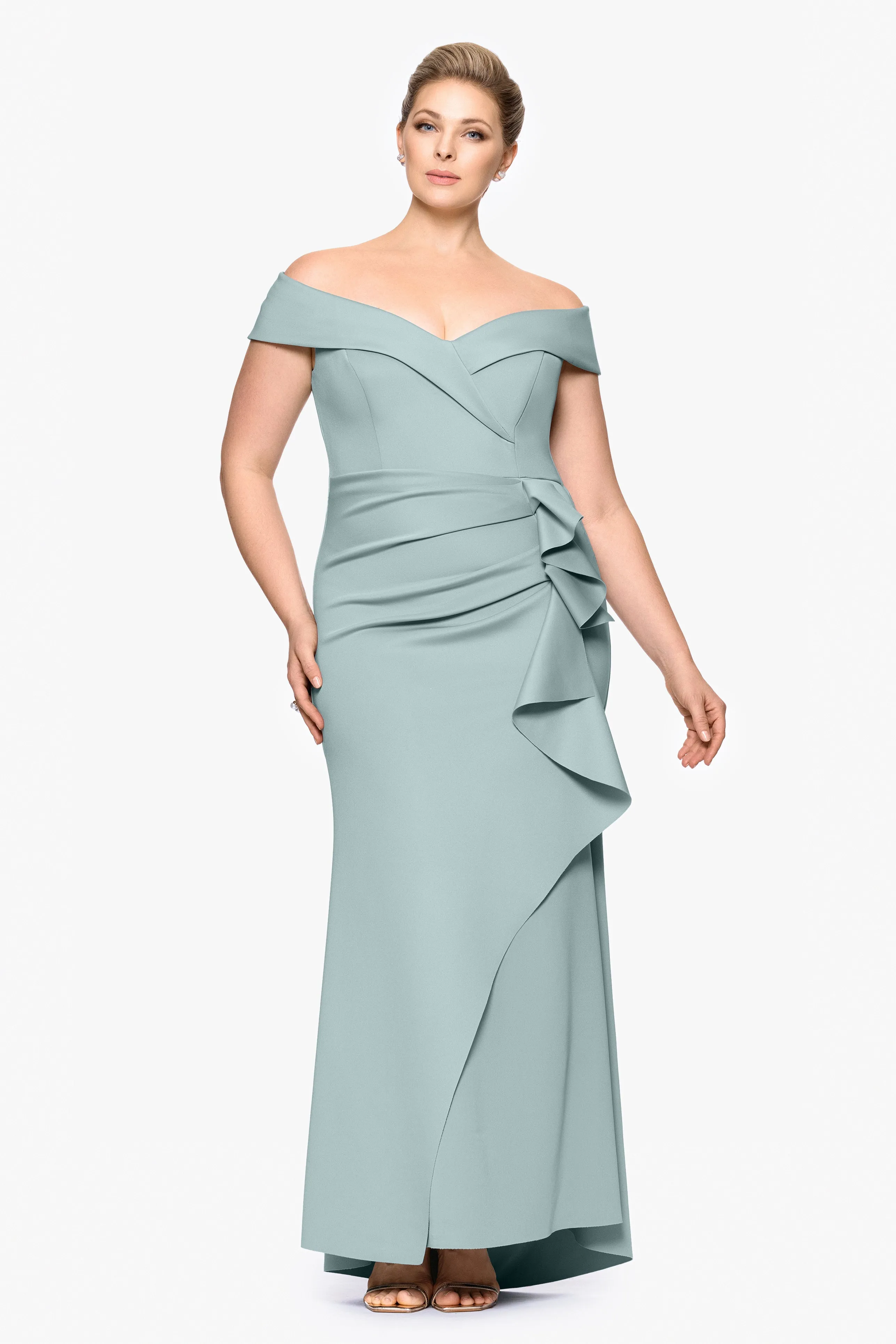 Plus "Patti" Long Off the Shoulder Techno Scuba Dress sold by Xscape