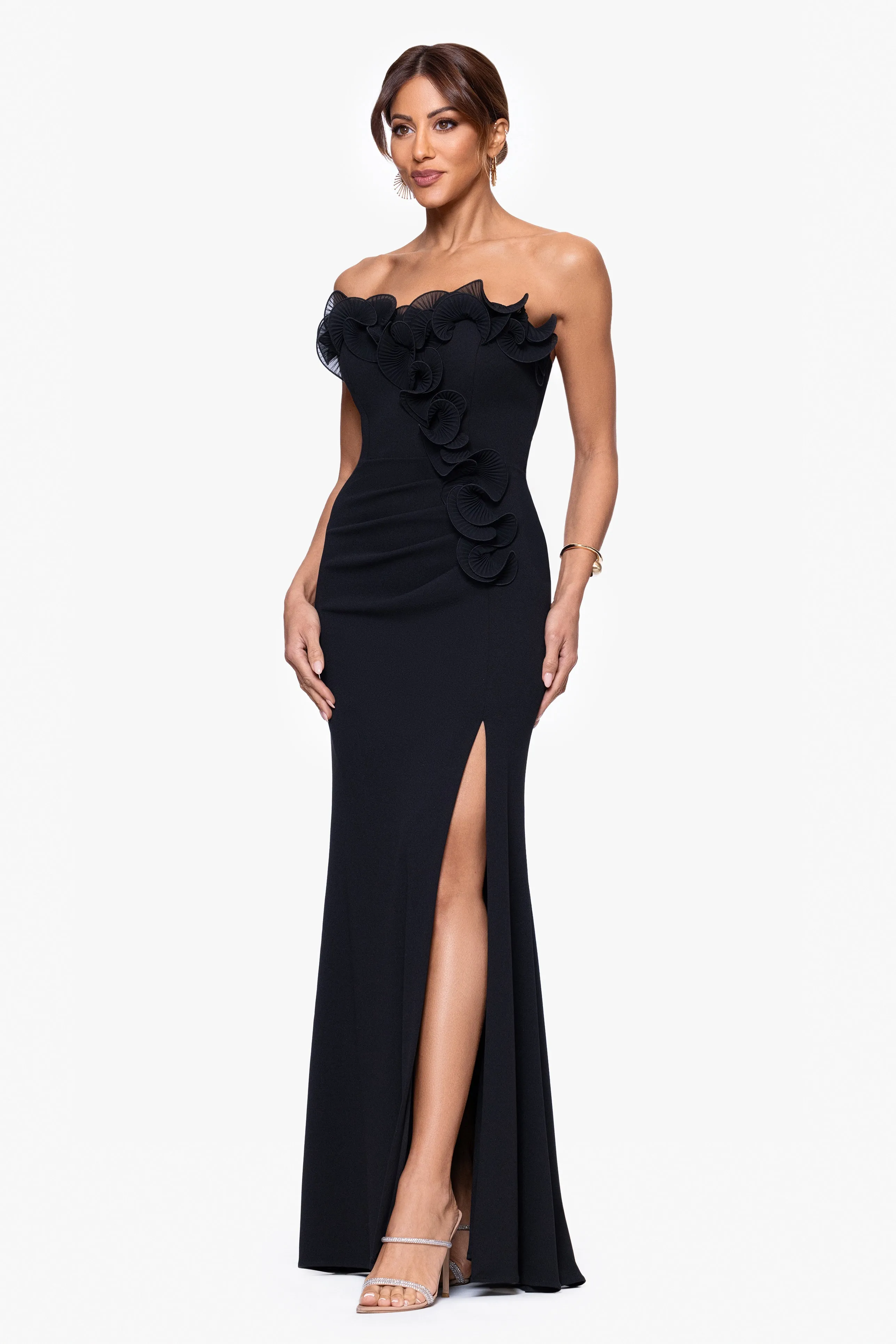 "Kimberly" Scuba Crepe Chiffon Ruffle Strapless Floor Length Dress sold by Xscape product image thumbnail 4
