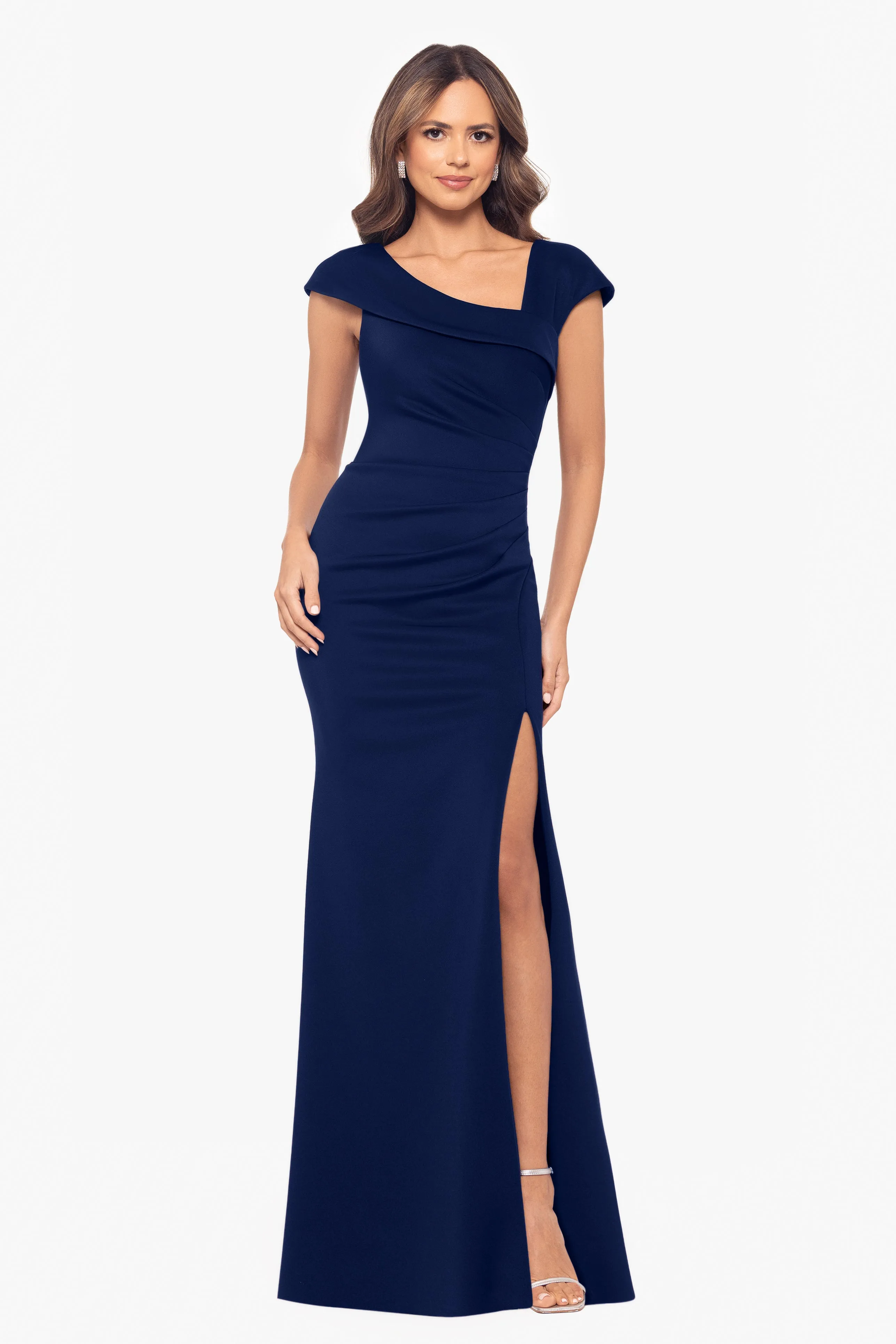 "Lenore " Long Asymmetrical Neckline Scuba Dress sold by Xscape