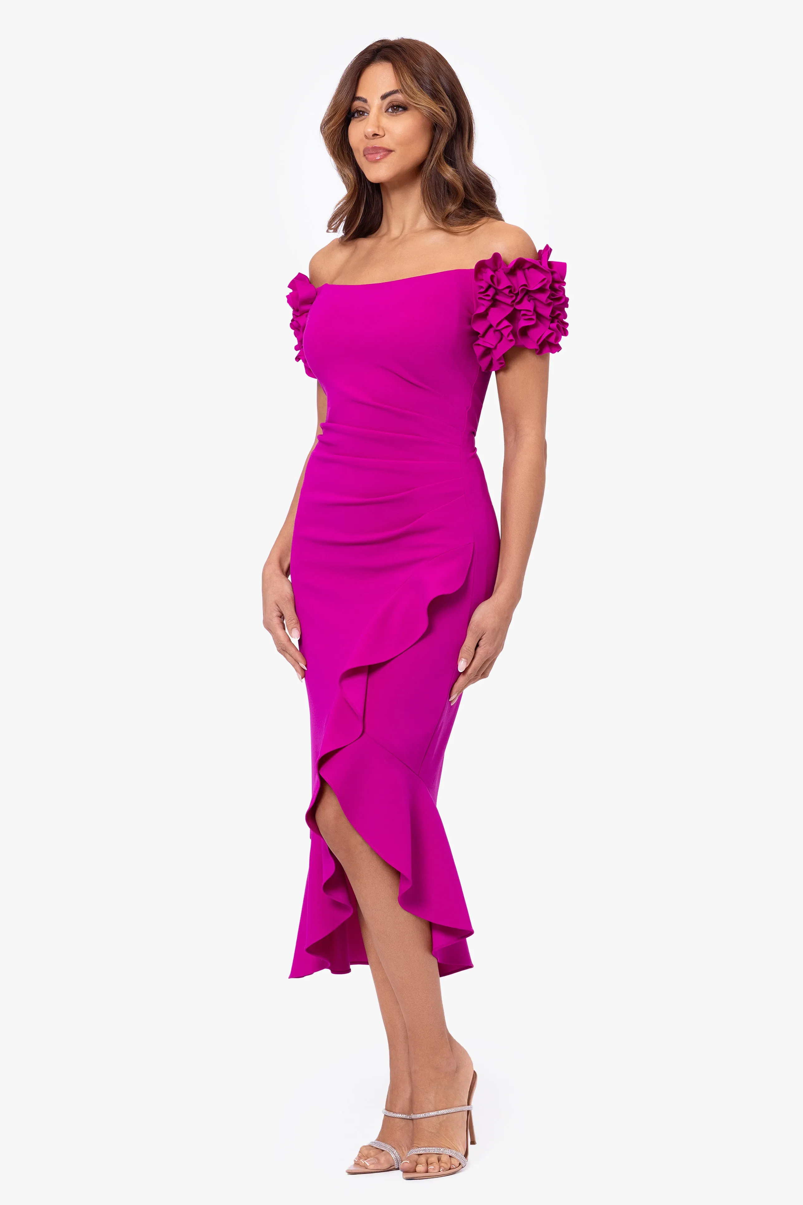 Petite "Loretta" Scuba Crepe Off the Shoulder Ruffle Sleeve Midi Dress sold by Xscape product image thumbnail 4