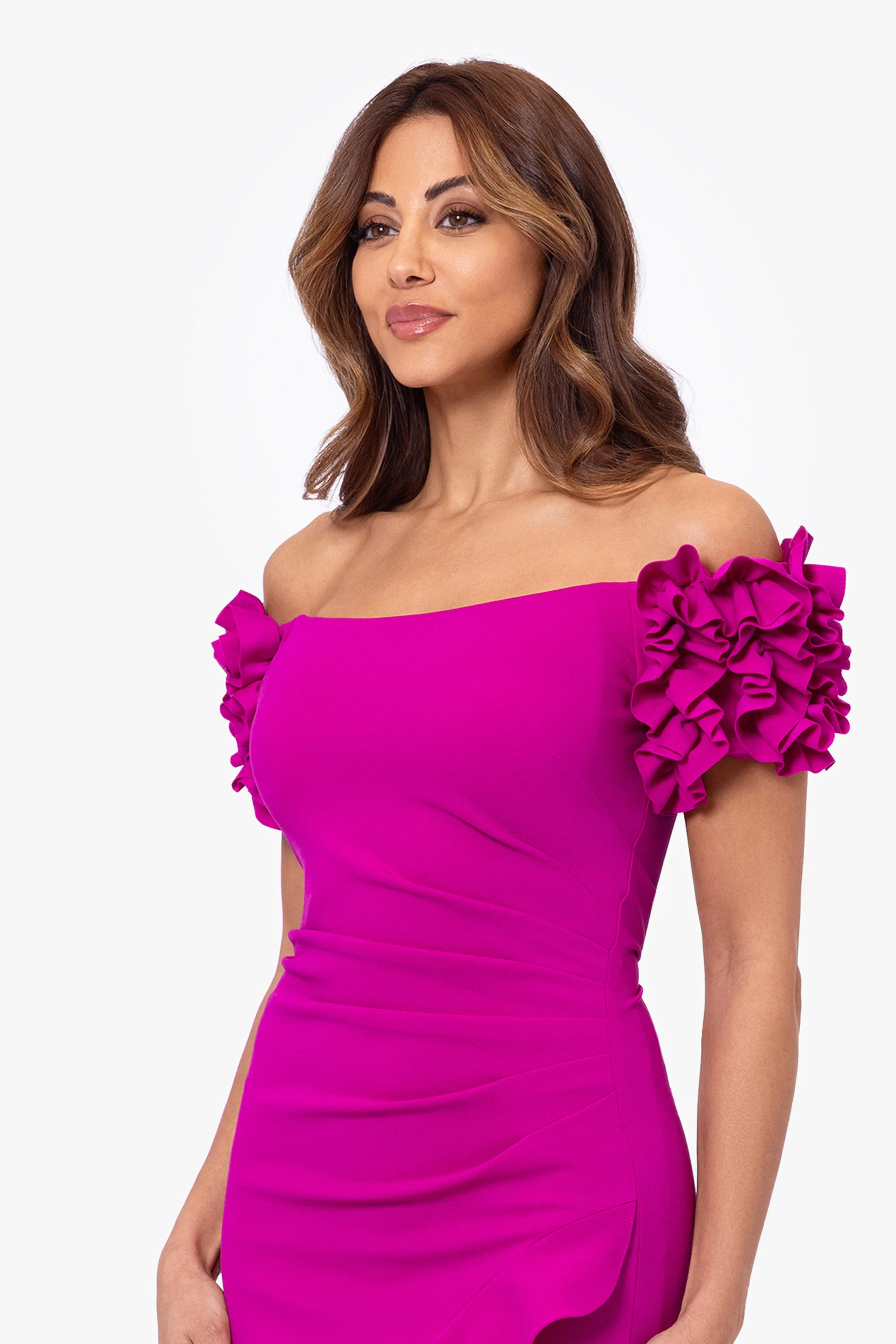 Petite "Loretta" Scuba Crepe Off the Shoulder Ruffle Sleeve Midi Dress sold by Xscape product image thumbnail 2