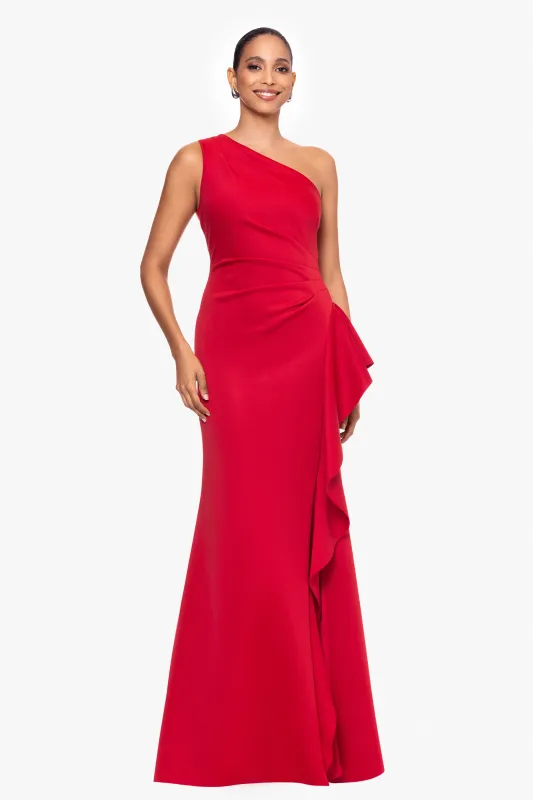 "Flo" Long Techno Scuba One Shoulder Ruffle Dress sold by Xscape
