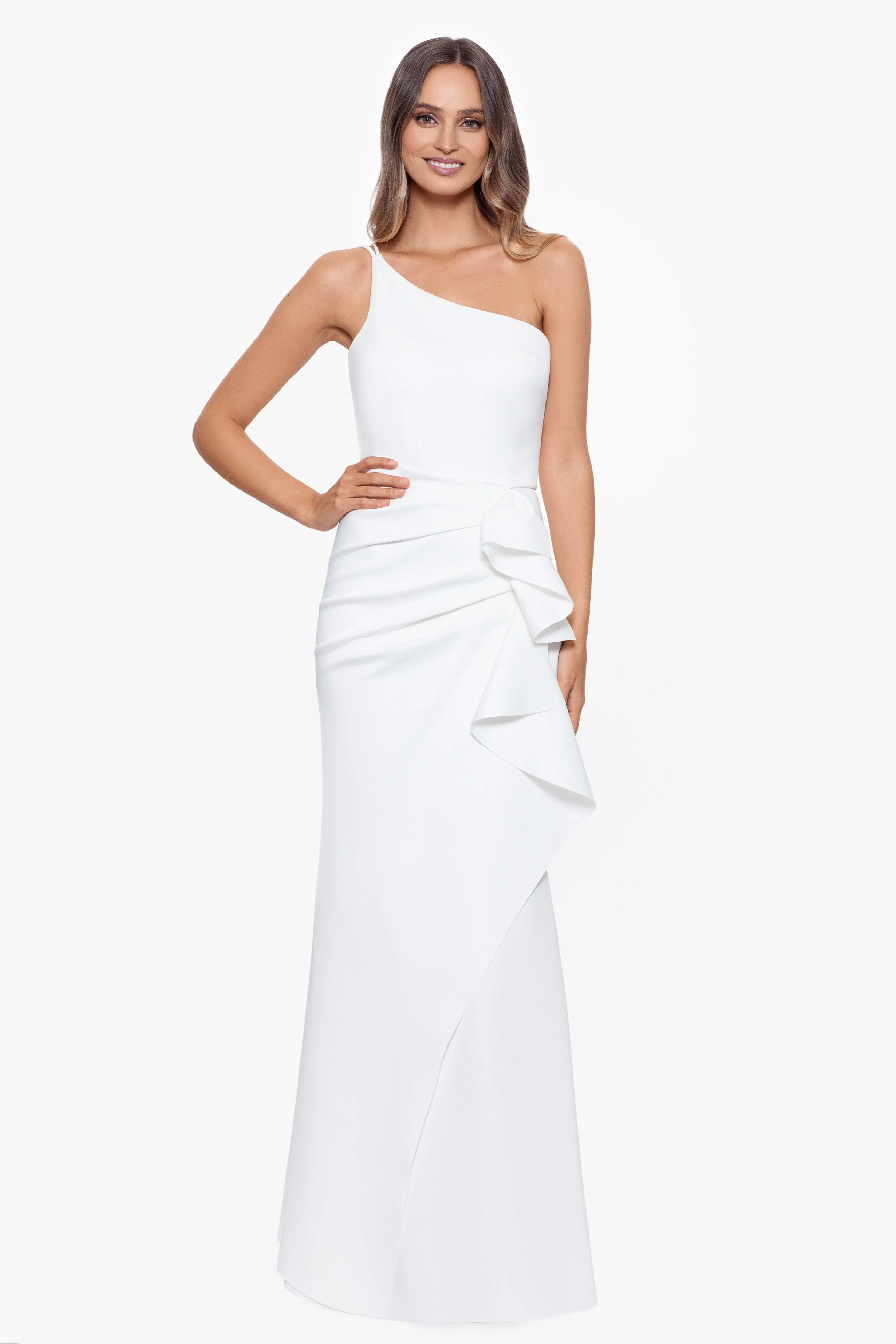 "Daniella" Long One Shoulder Scuba Crepe Ruffle Dress sold by Xscape