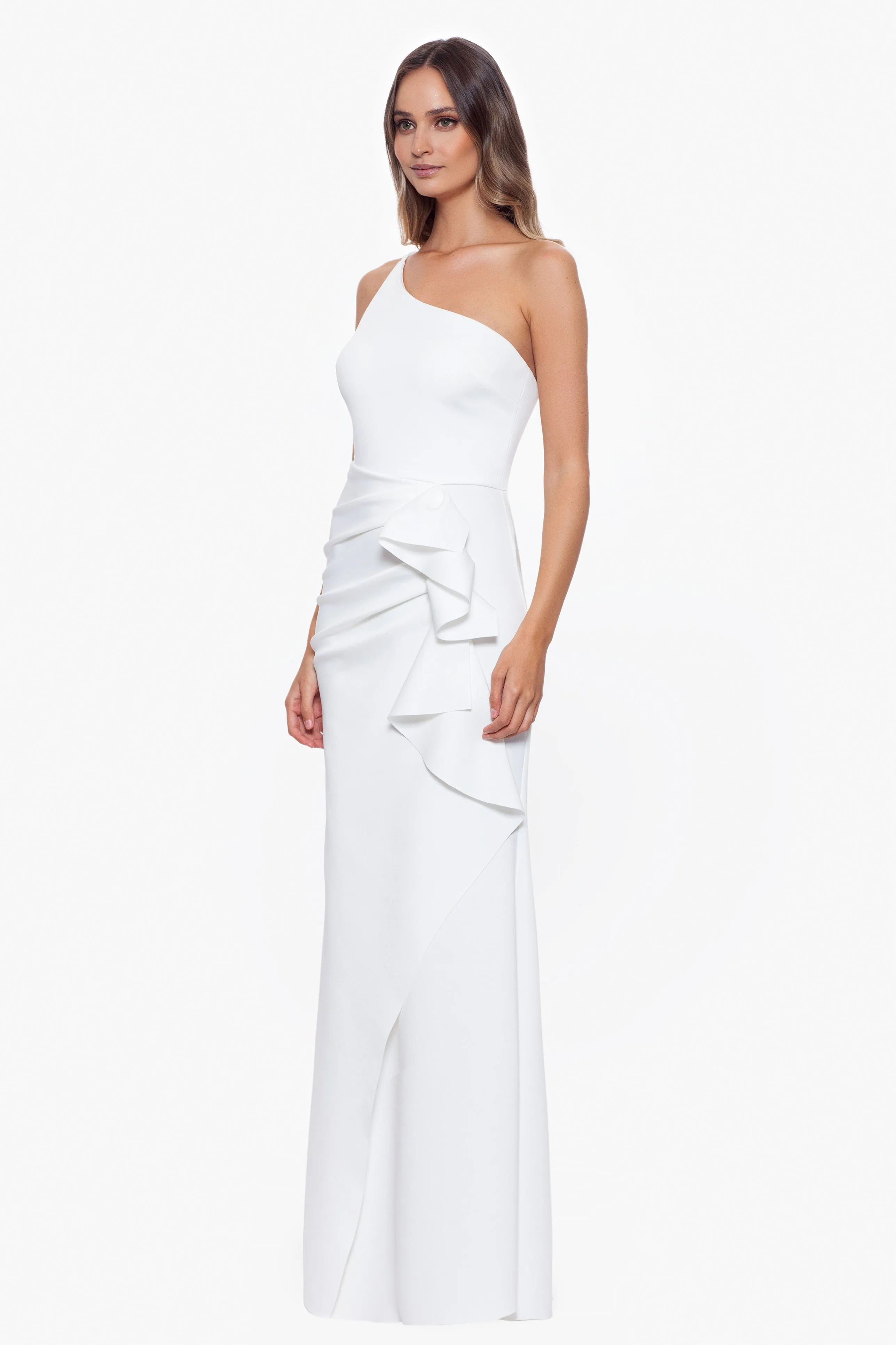 "Daniella" Long One Shoulder Scuba Crepe Ruffle Dress sold by Xscape product image thumbnail 2