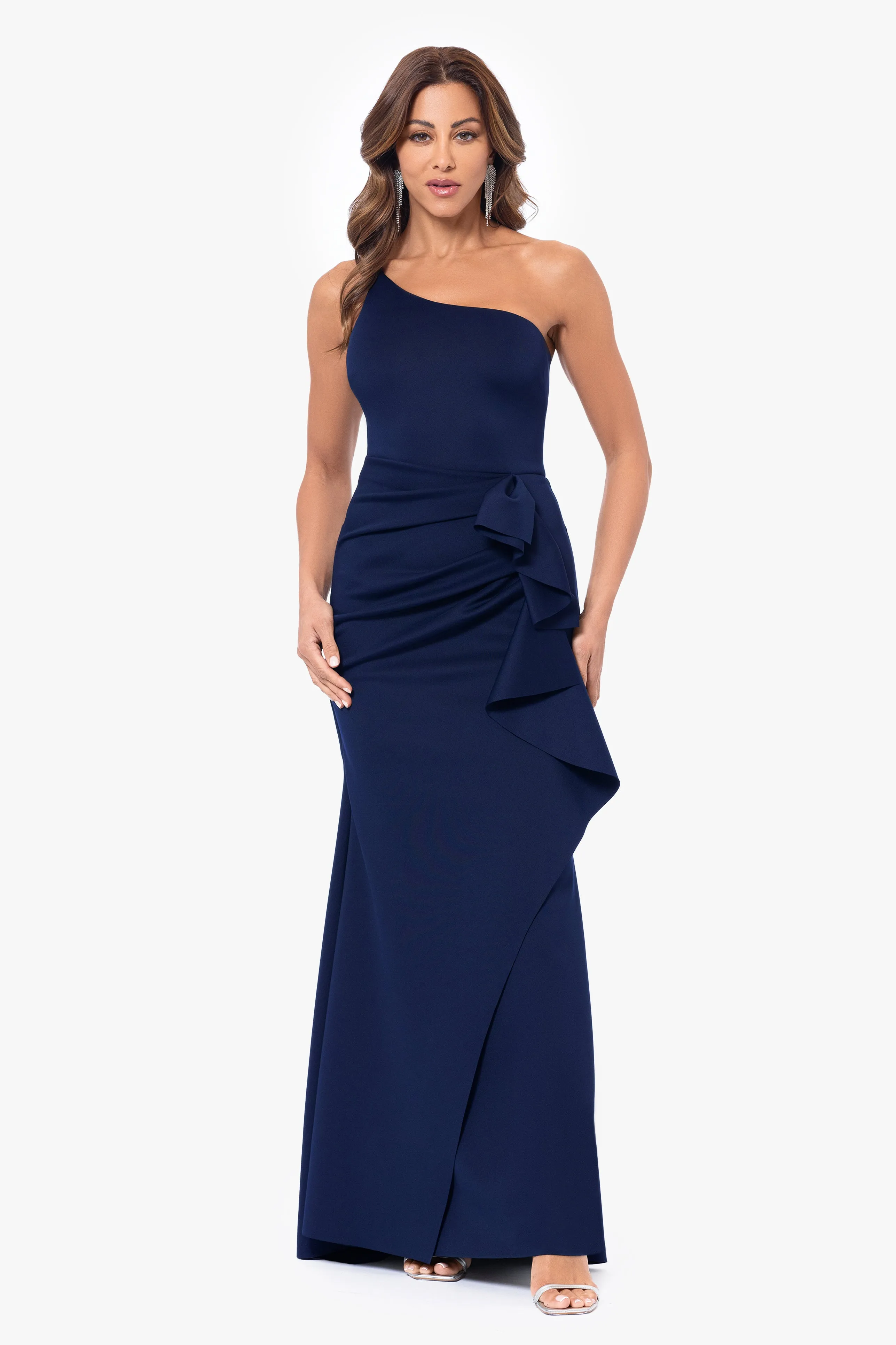 "Daniella" Long One Shoulder Scuba Crepe Ruffle Dress sold by Xscape product image thumbnail 4