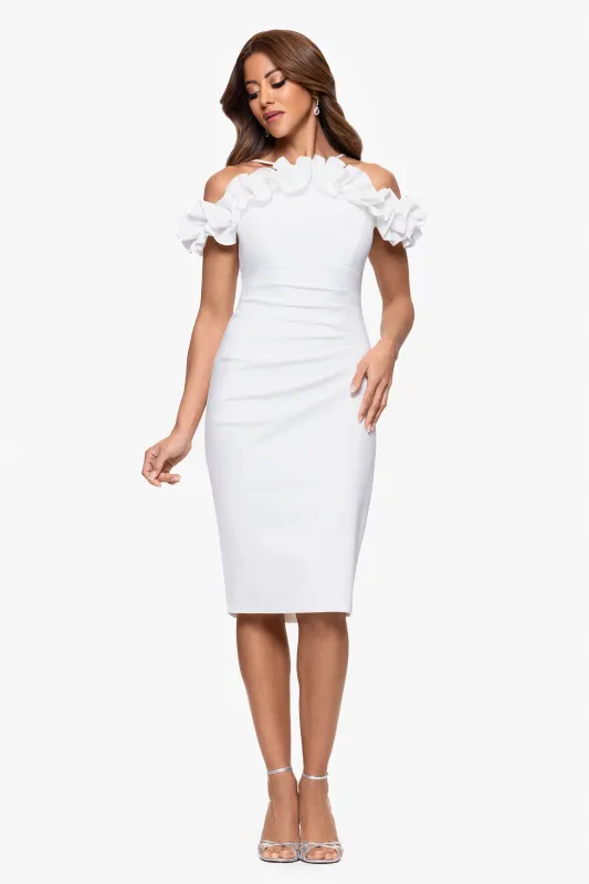 "Tyler" Short Scuba Crepe Off the Shoulder Ruffle Dress sold by Xscape