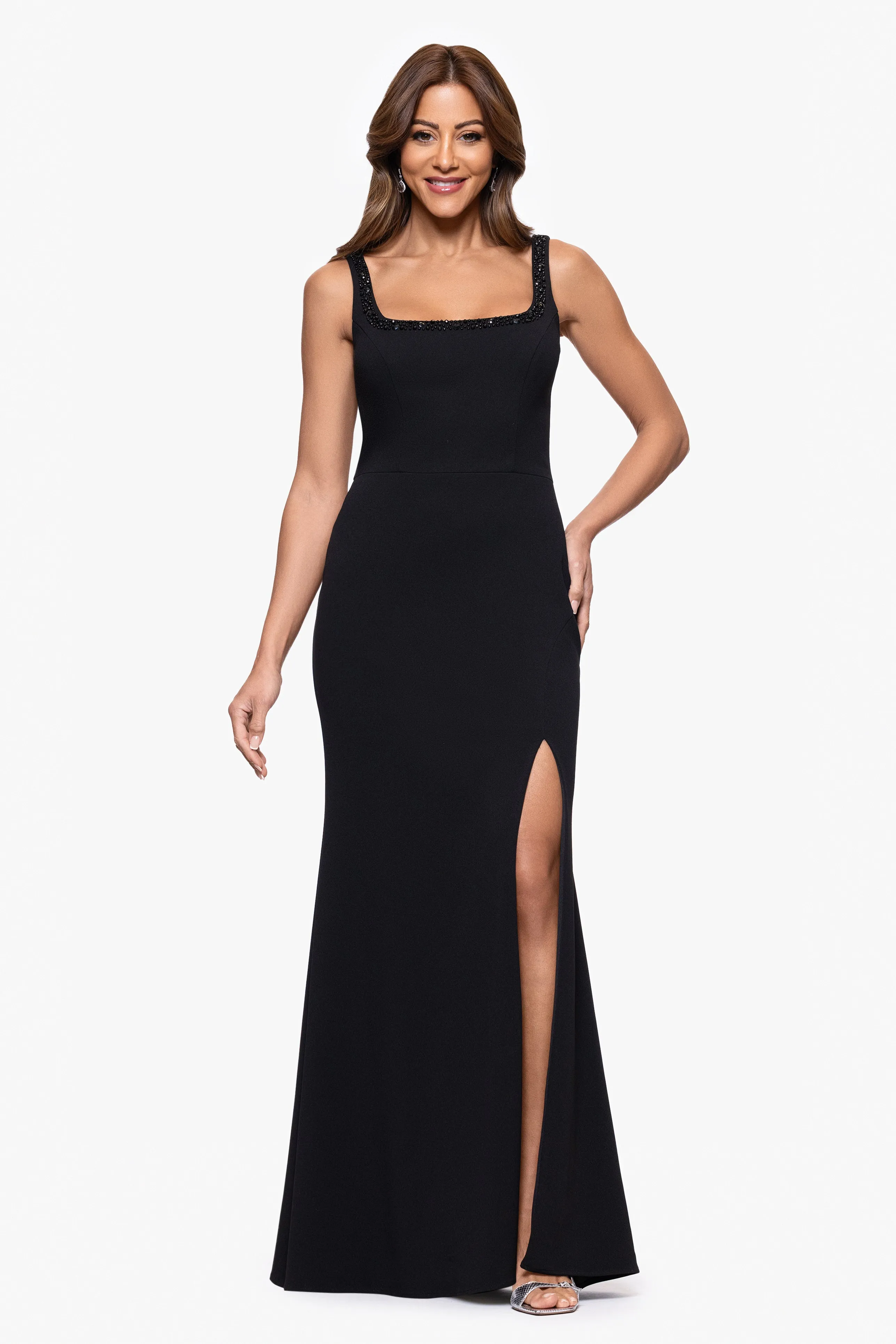 "Lydia" Scuba Crepe Embellished Neckline Floor Length Dress sold by Xscape
