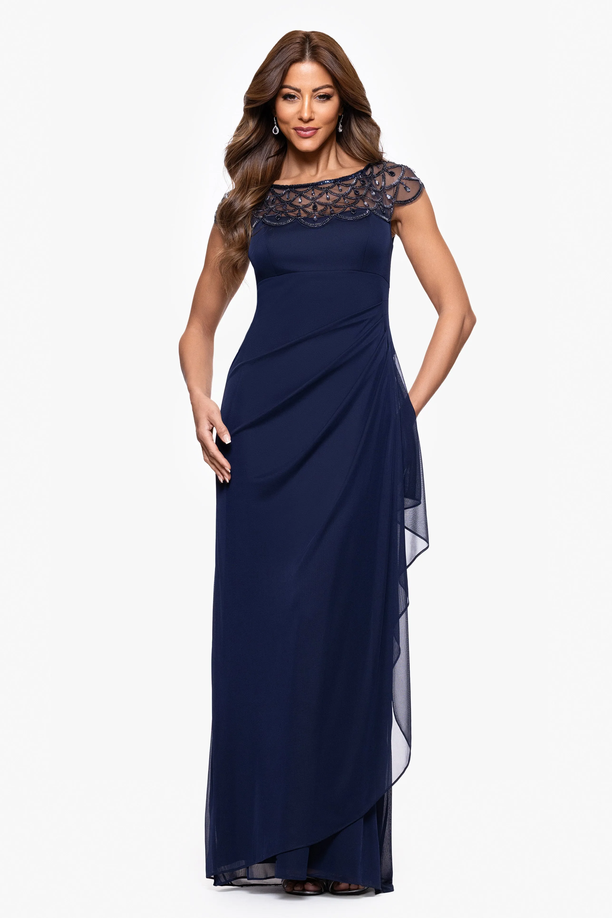 "Khloe" Sheer Matter Jersey Embellished Ruffle Dress sold by Xscape