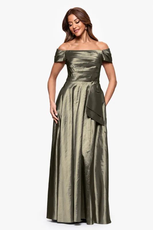 "Mildred" Taffeta Off the Shoulder Floor Length Dress sold by Xscape