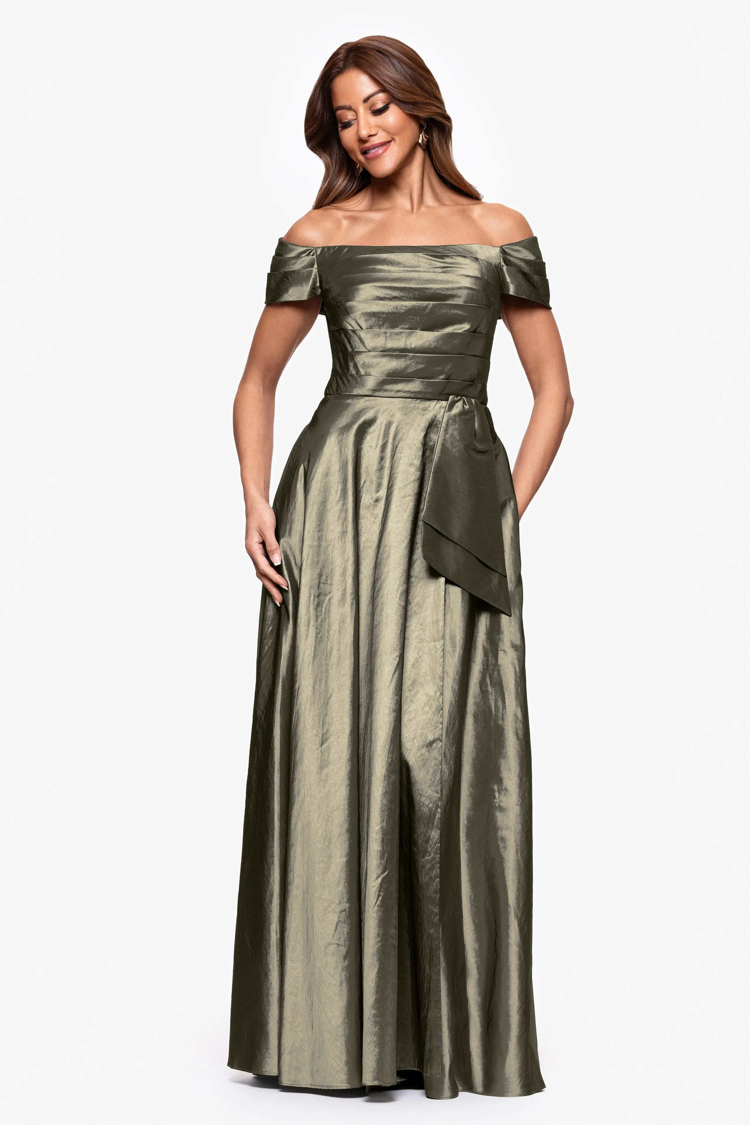 "Mildred" Taffeta Off the Shoulder Floor Length Dress sold by Xscape
