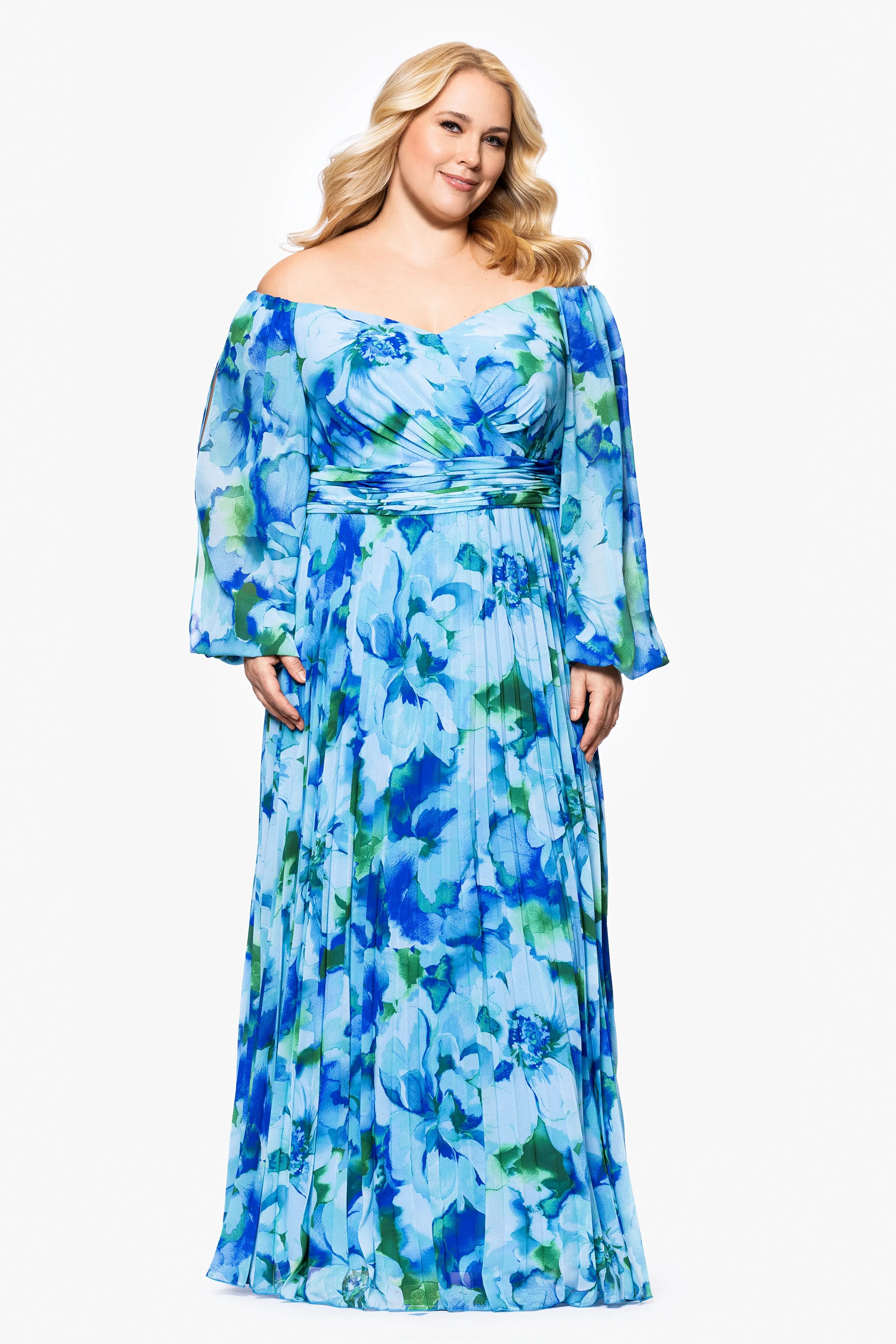 Plus "Moira" Print Chiffon Pleated Long Sleeve Off the Shoulder Floor Length Dress sold by Xscape