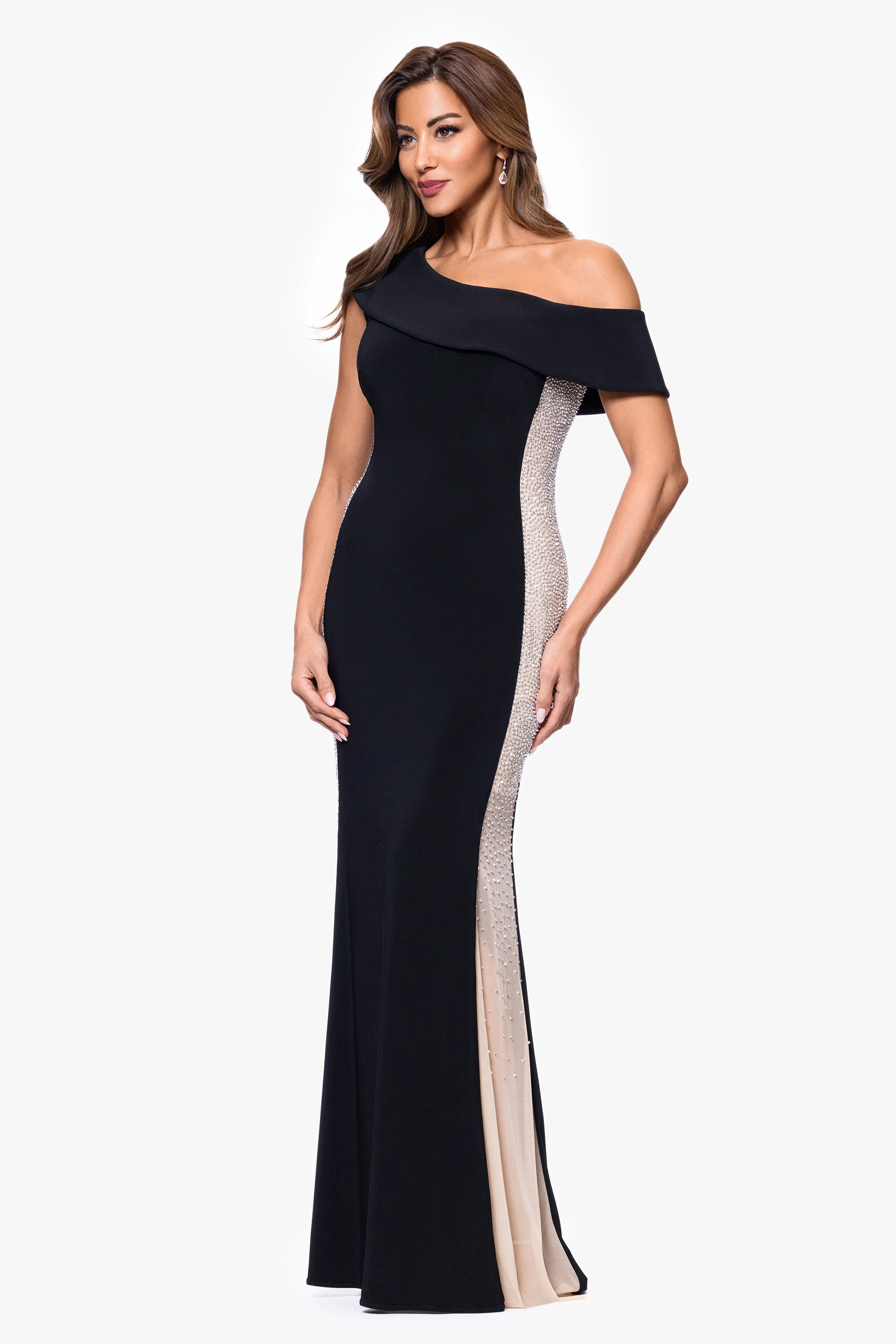 "Johanna" Caviar Beaded Jersey Knit Off the Shoulder Floor Length Dress sold by Xscape product image thumbnail 4