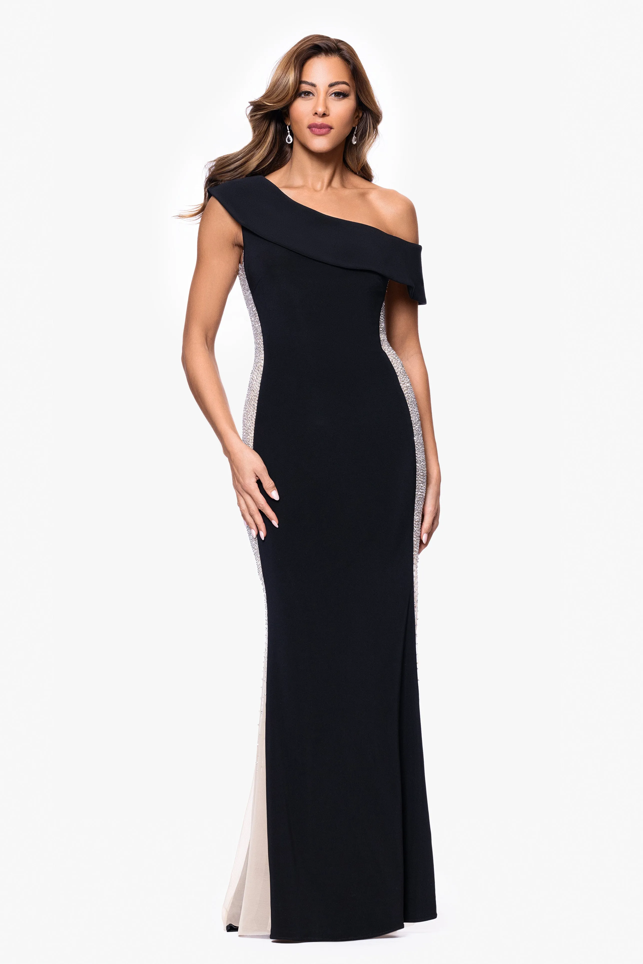 "Johanna" Caviar Beaded Jersey Knit Off the Shoulder Floor Length Dress sold by Xscape