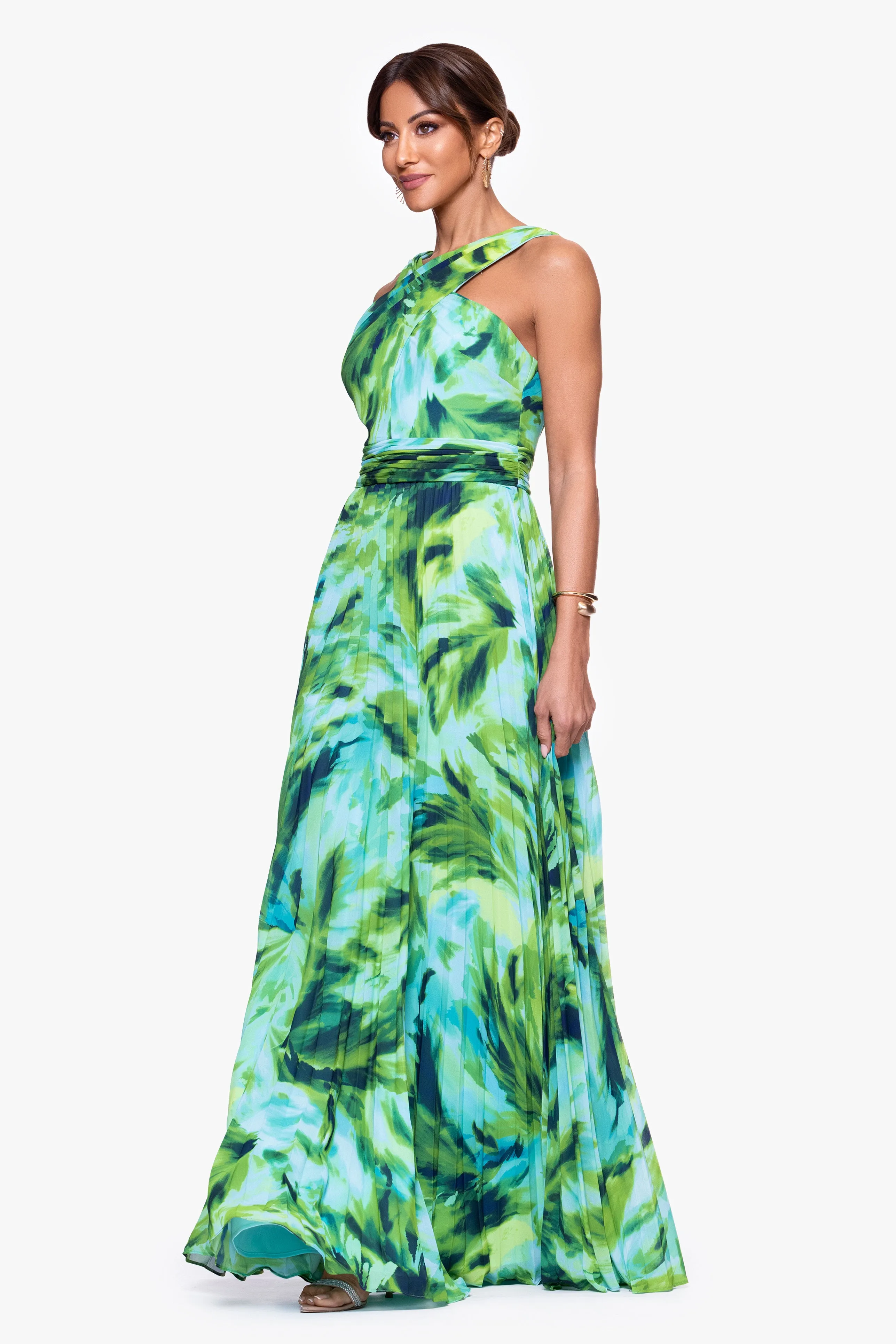 "Casey" Print Chiffon Criss Cross Neck Floor Length Dress sold by Xscape product image thumbnail 4