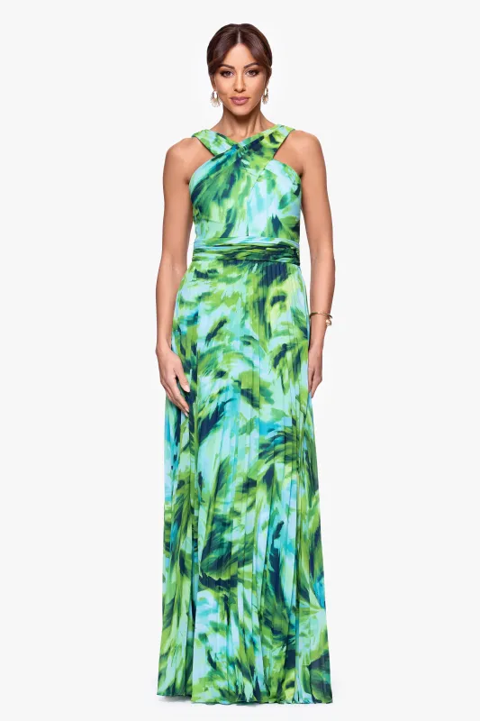 "Casey" Print Chiffon Criss Cross Neck Floor Length Dress made by Xscape