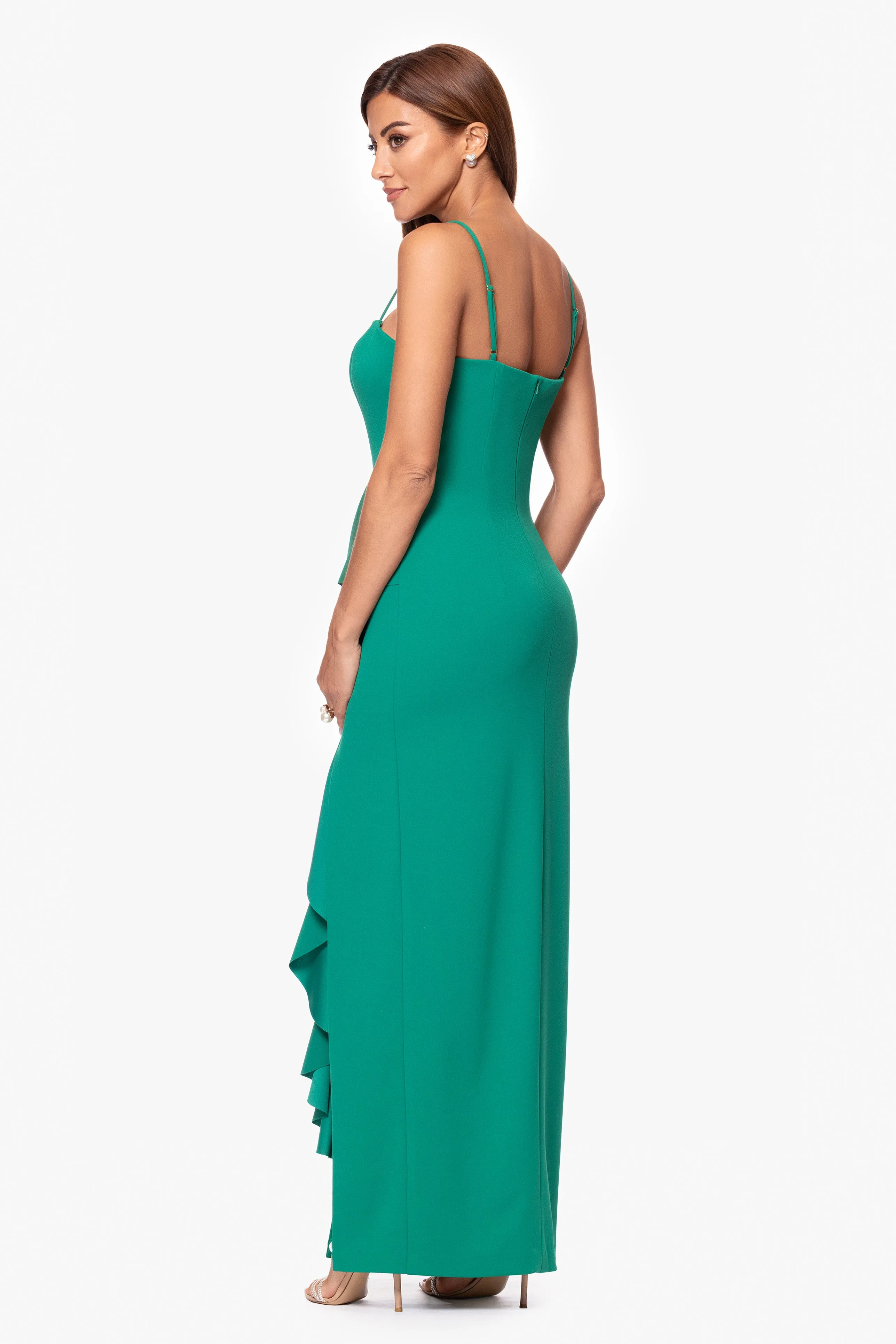 "Destiney" Scuba Crepe Spaghetti Strap Floor Length Ruffle Dress sold by Xscape product image thumbnail 3