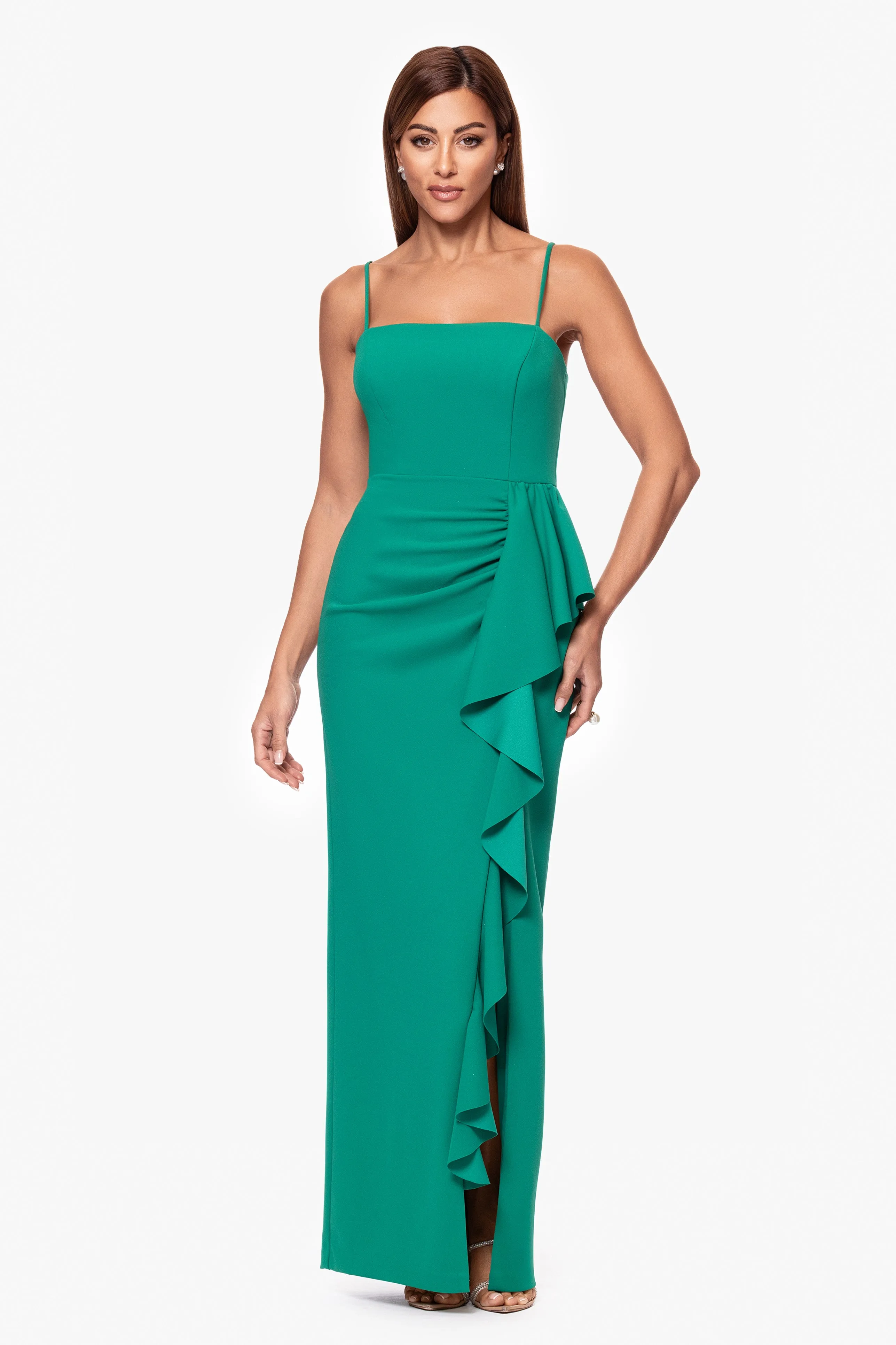 "Destiney" Scuba Crepe Spaghetti Strap Floor Length Ruffle Dress sold by Xscape