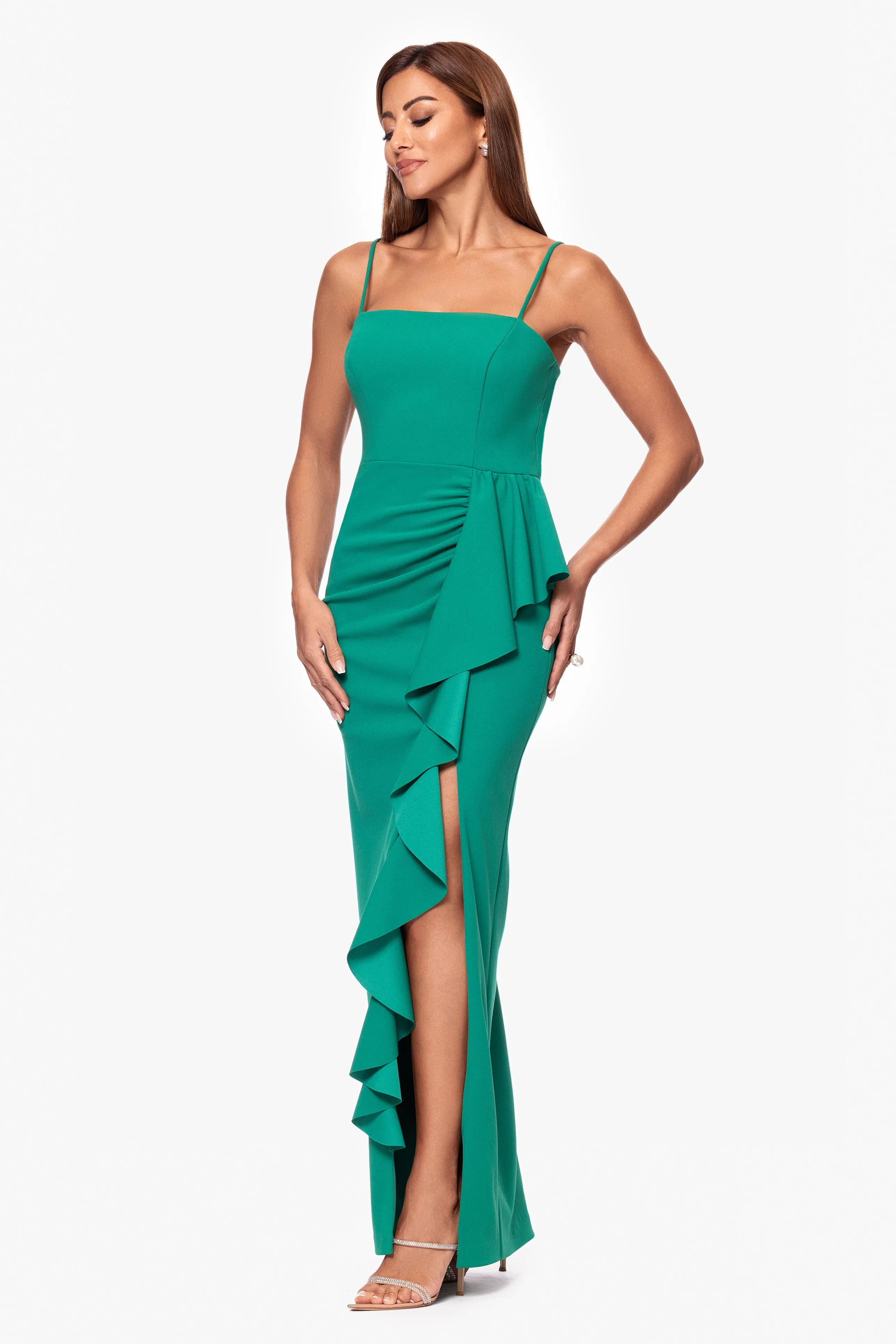 Petite "Destiney" Scuba Crepe Spaghetti Strap Floor Length Ruffle Dress sold by Xscape product image thumbnail 4