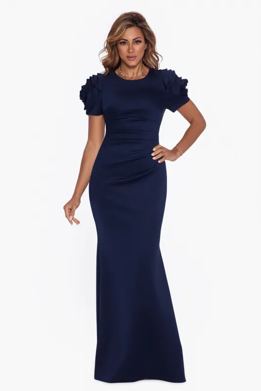 "Cami" Long Scuba Crepe with Flower Shoulder Dress sold by Xscape