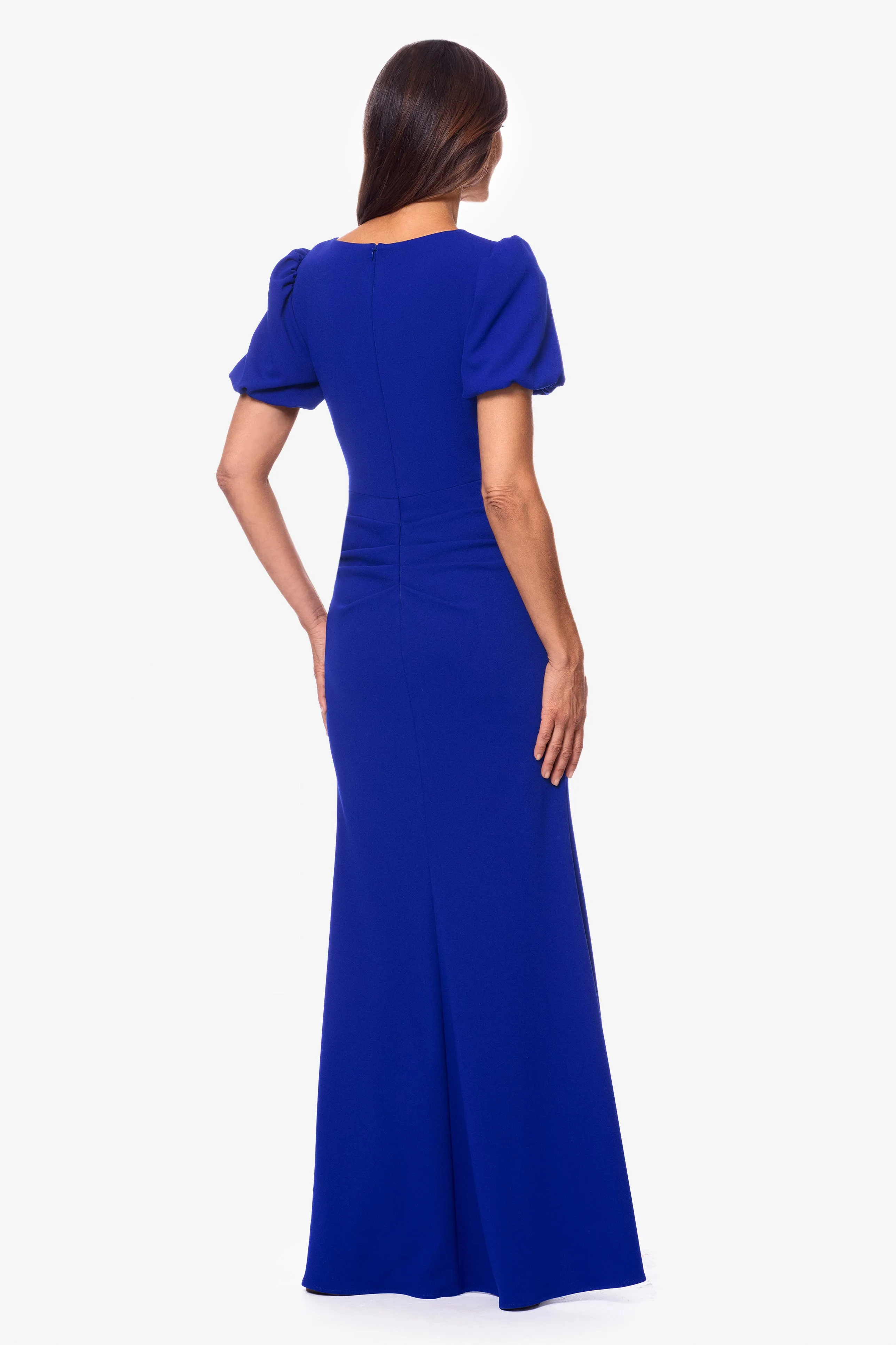 "Elenora" Scuba Crepe V-Neck Ruffle Floor Length Dress sold by Xscape product image thumbnail 3
