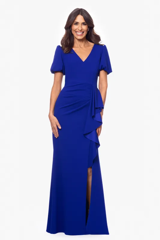 "Elenora" Scuba Crepe V-Neck Ruffle Floor Length Dress sold by Xscape