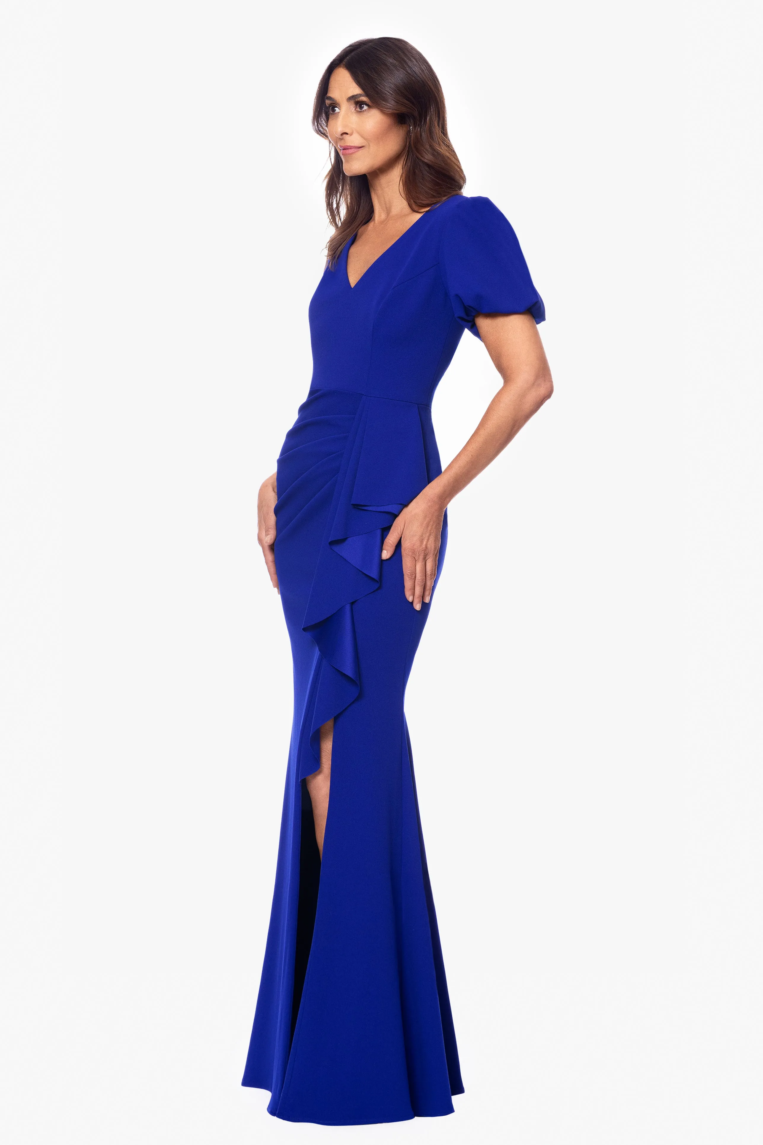 "Elenora" Scuba Crepe V-Neck Ruffle Floor Length Dress sold by Xscape product image thumbnail 4