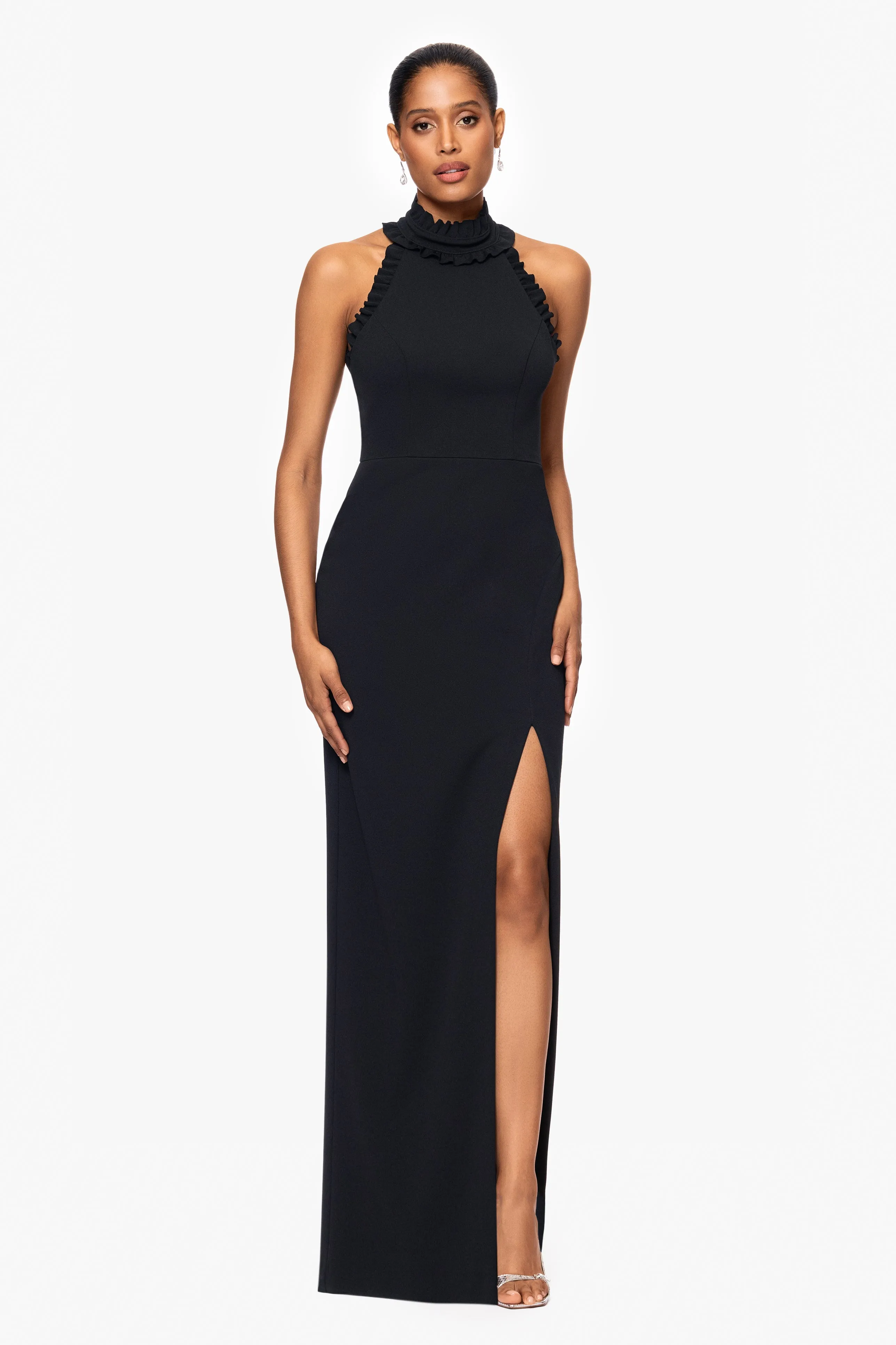 Petite "Shayla" Scuba Crepe Mock Neck Floor Length Dress sold by Xscape