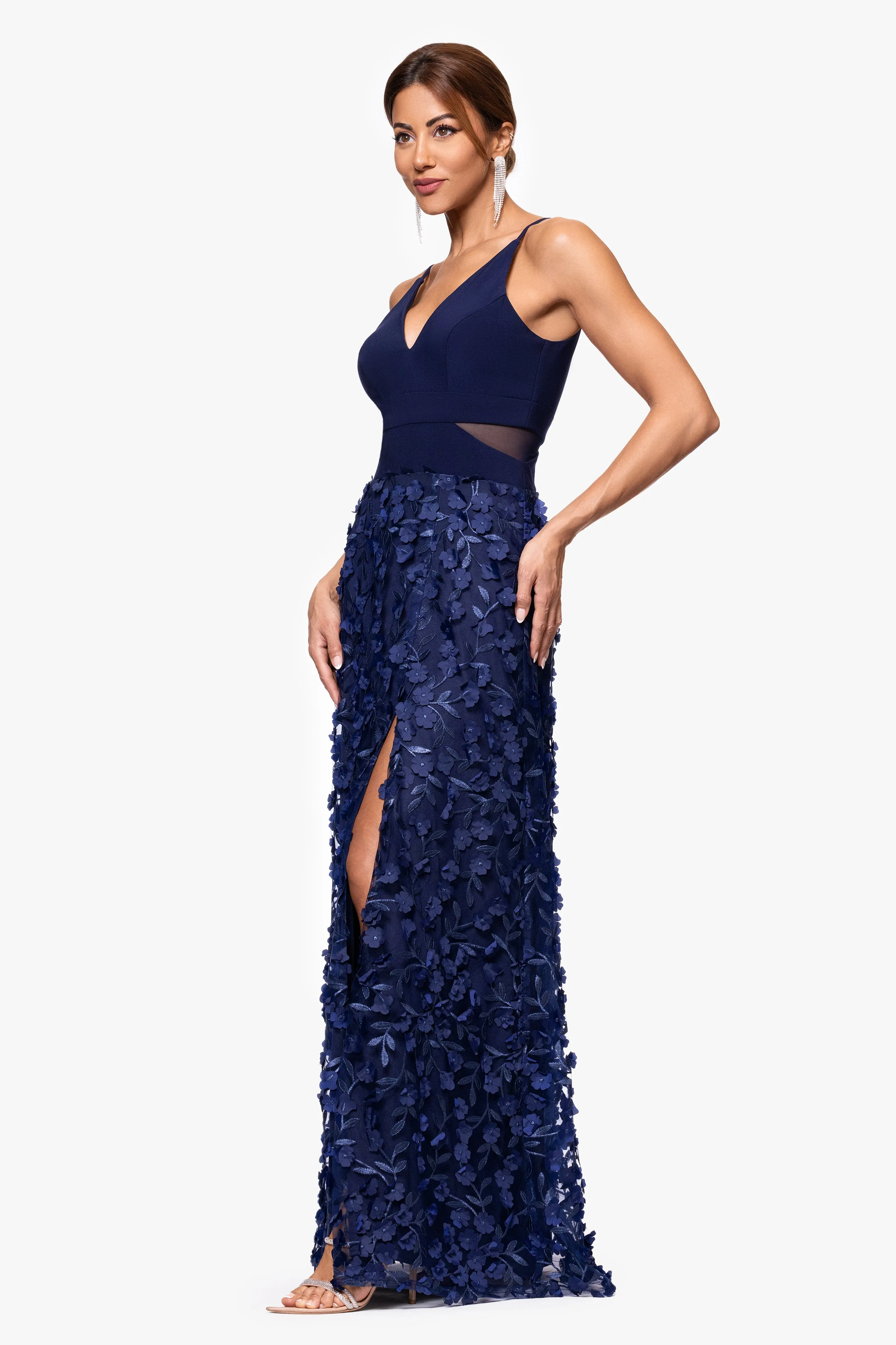 "Iris" Jersey Knit V-Neck Raised Flower Long Dress sold by Xscape product image thumbnail 4