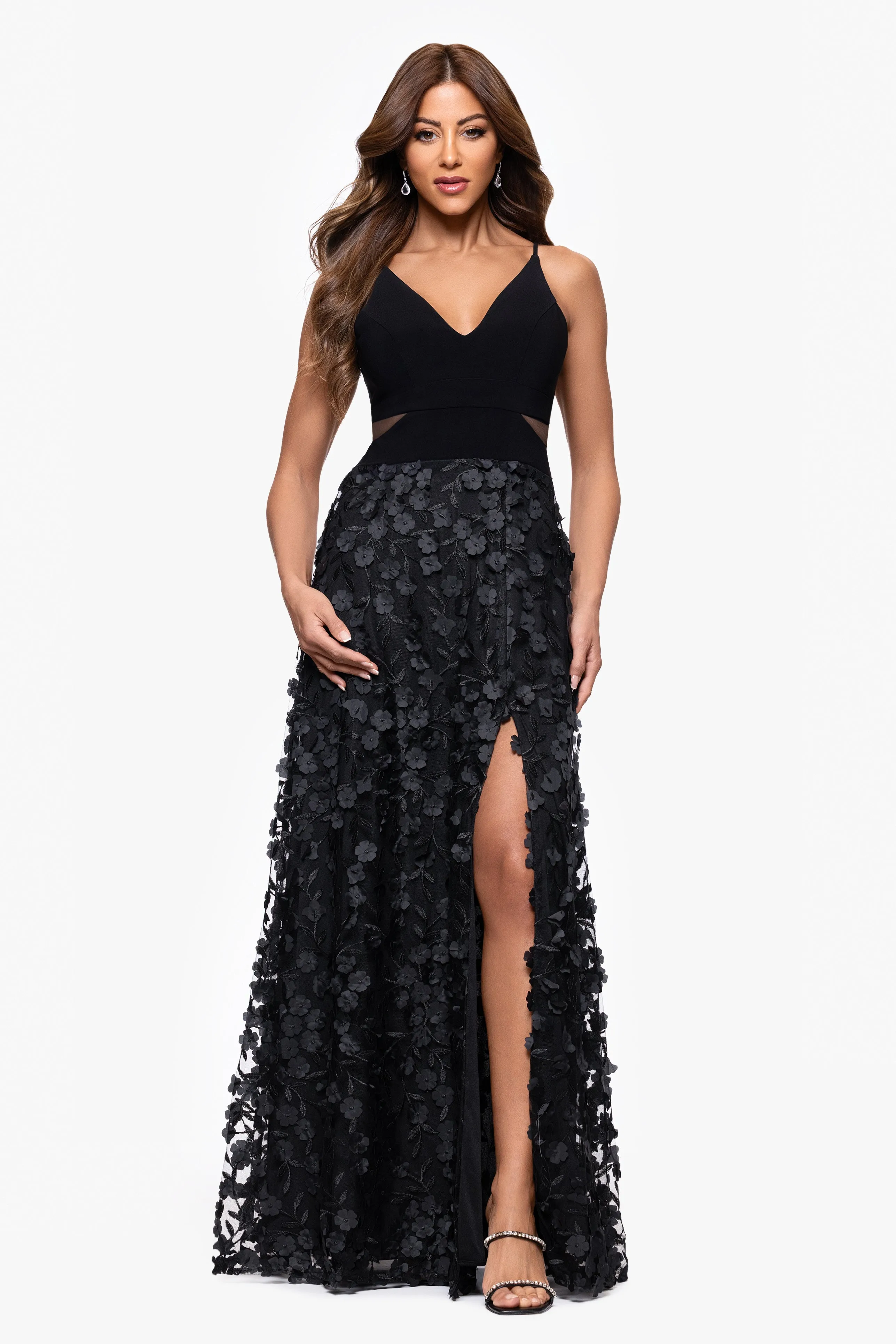 "Iris" Jersey Knit V-Neck Raised Flower Long Dress sold by Xscape
