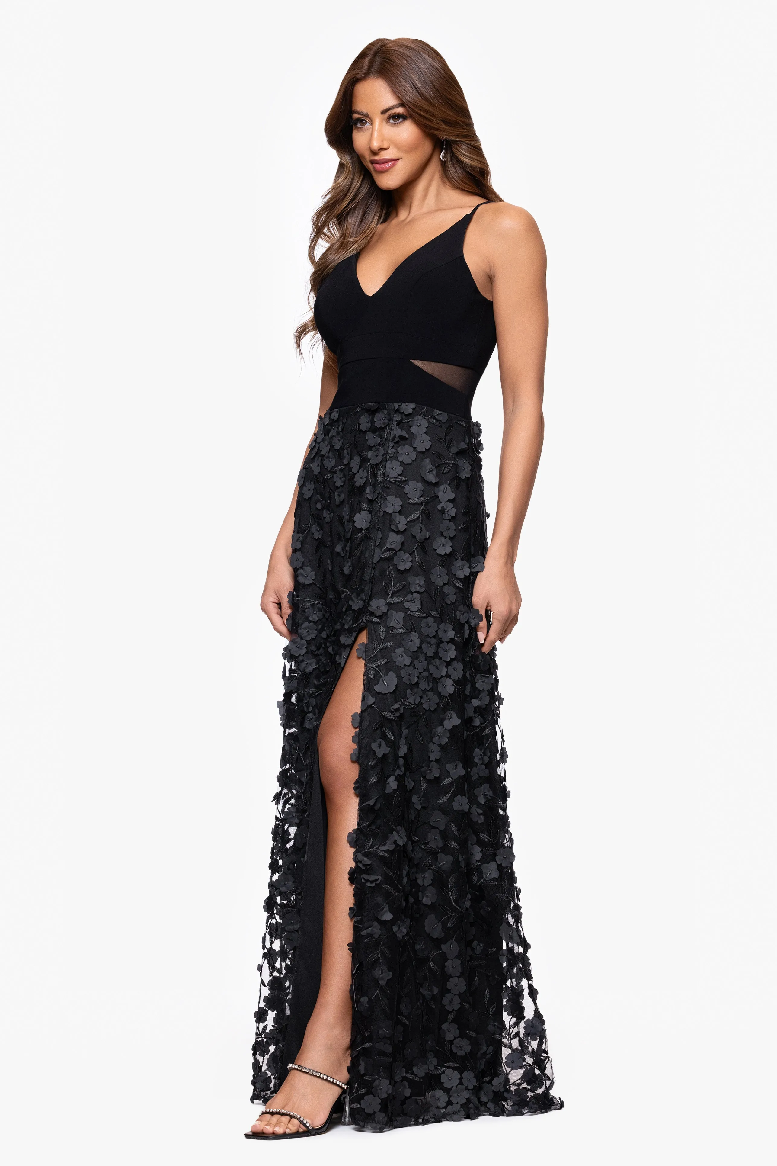 "Iris" Jersey Knit V-Neck Raised Flower Long Dress sold by Xscape product image thumbnail 4