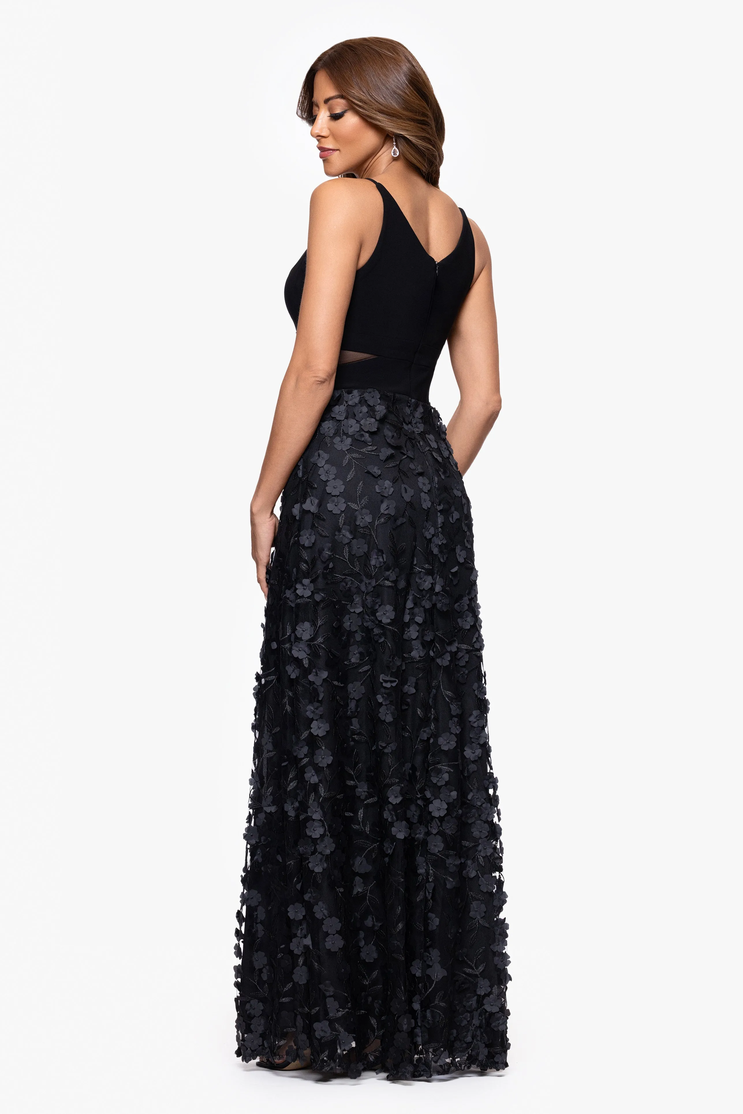 "Iris" Jersey Knit V-Neck Raised Flower Long Dress sold by Xscape product image thumbnail 3