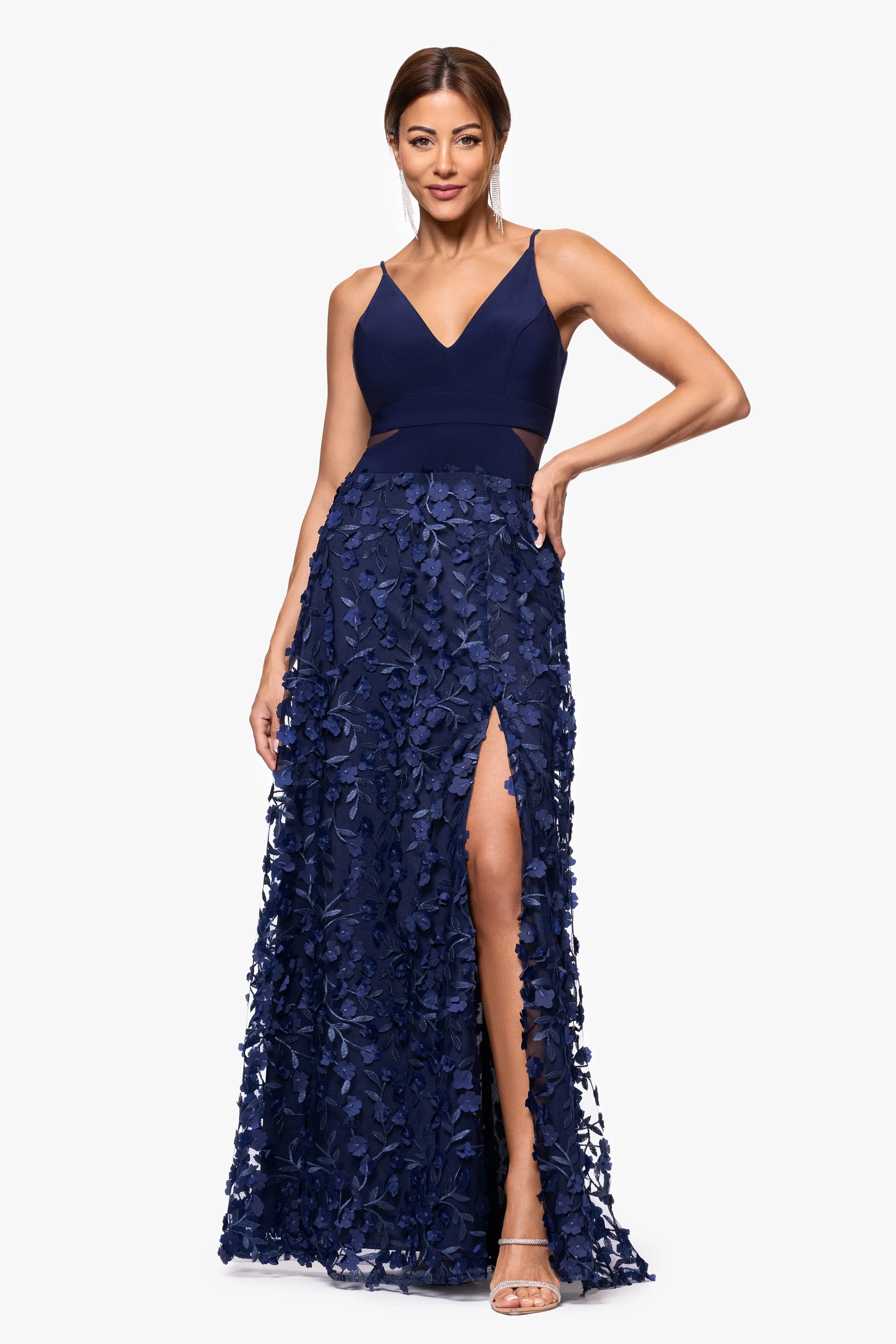"Iris" Jersey Knit V-Neck Raised Flower Long Dress sold by Xscape product image thumbnail 5