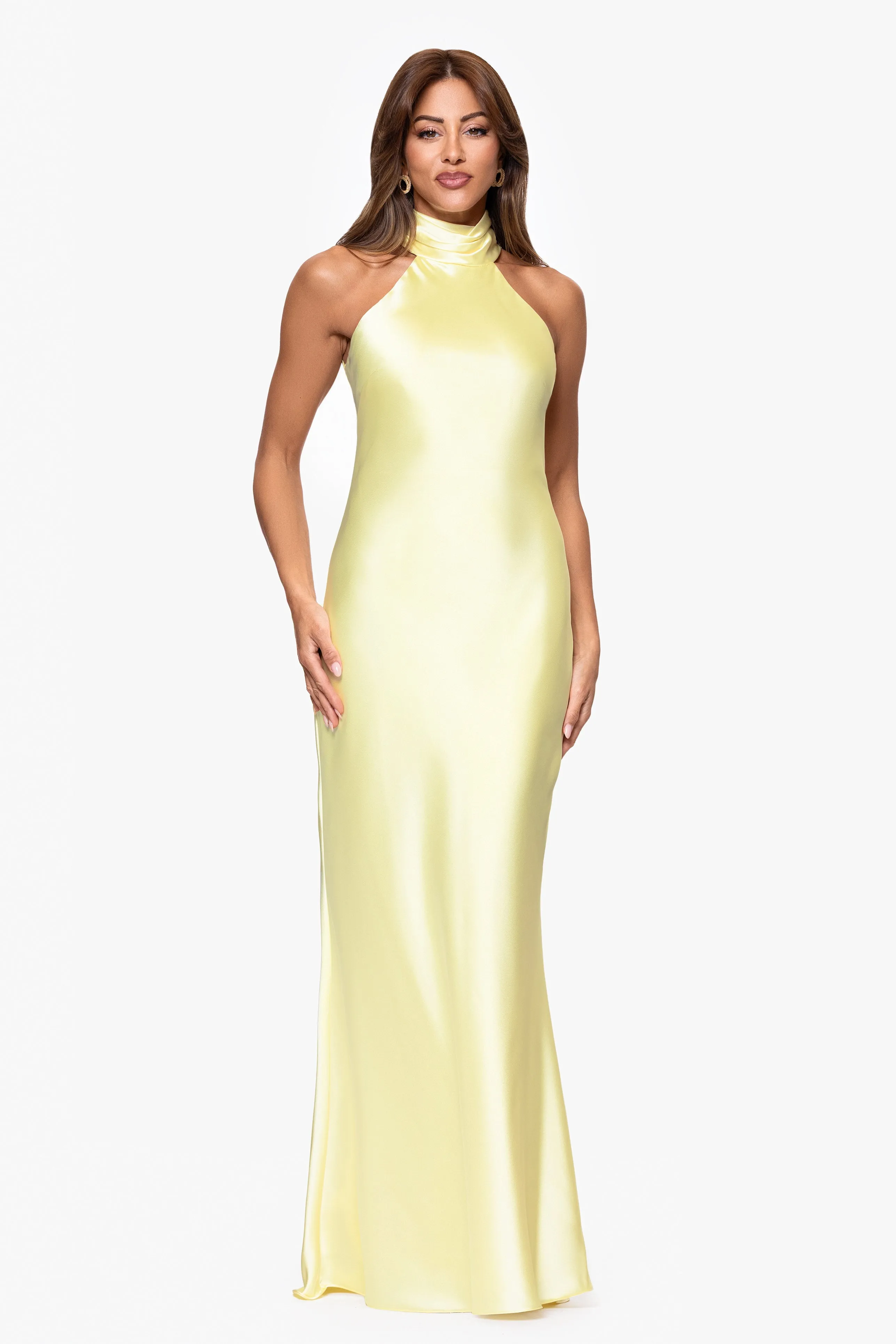 "Roxanna" Satin Halter Neck Floor Length Dress sold by Xscape