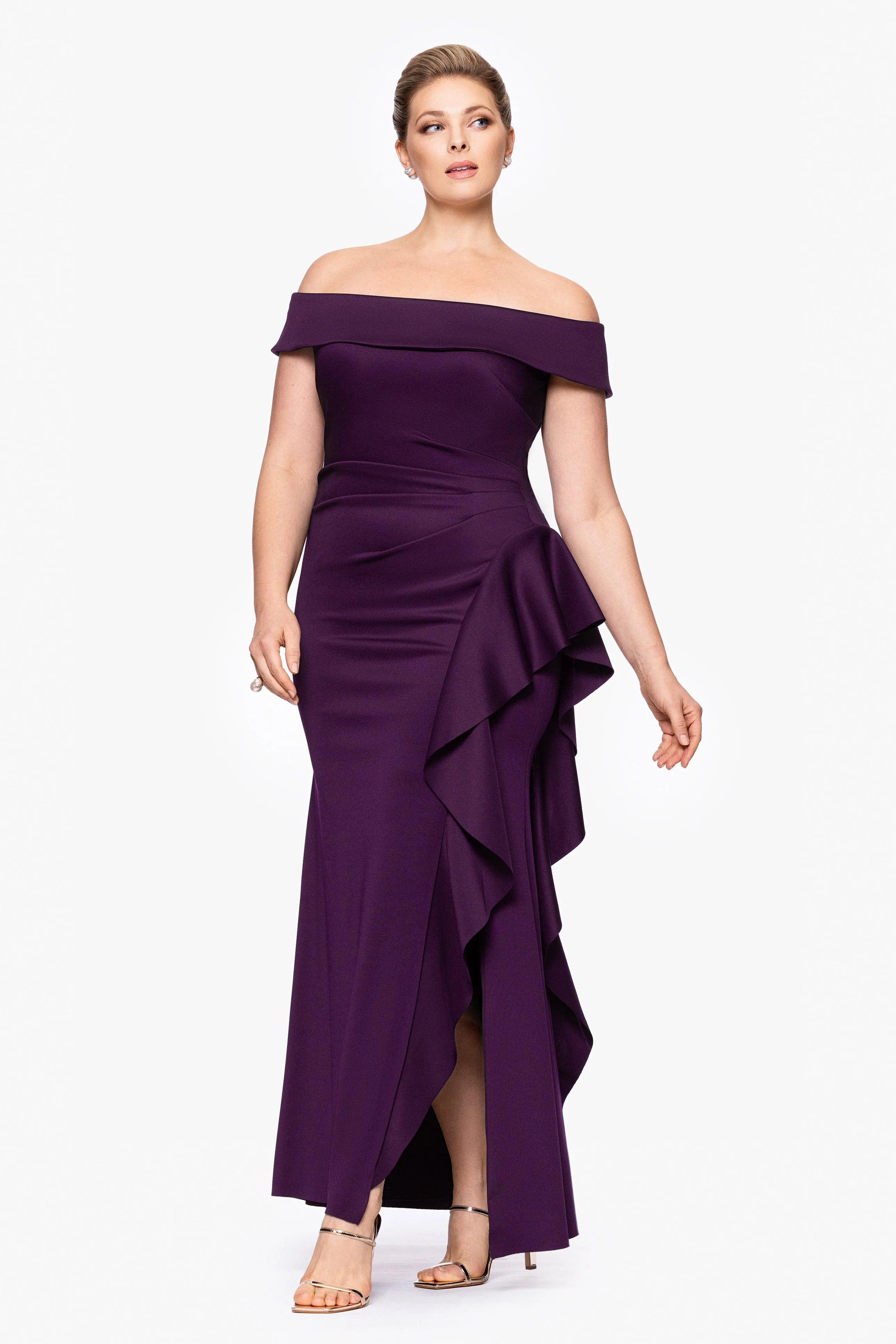 Plus "Dolly" Techno Scuba Off the Shoulder Ruffle Floor Length Dress sold by Xscape product image thumbnail 4