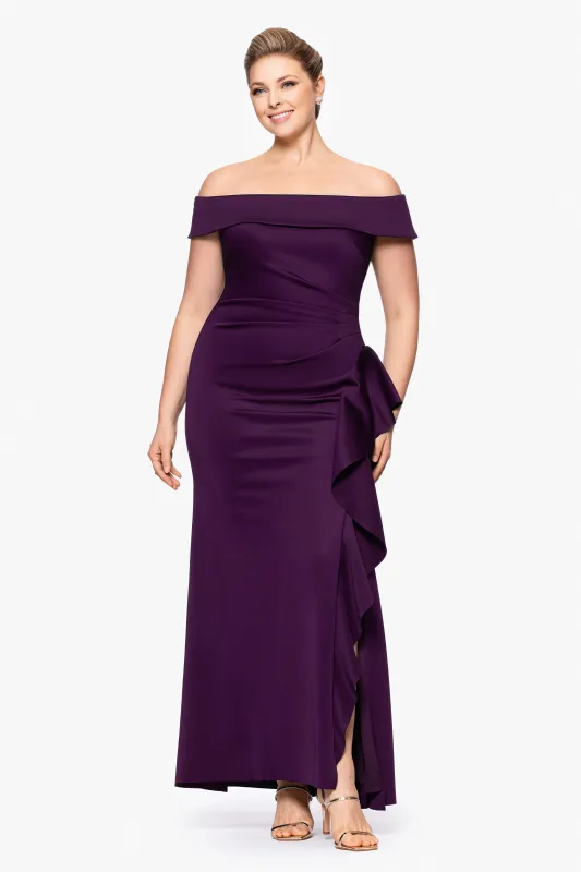 Plus "Dolly" Techno Scuba Off the Shoulder Ruffle Floor Length Dress sold by Xscape