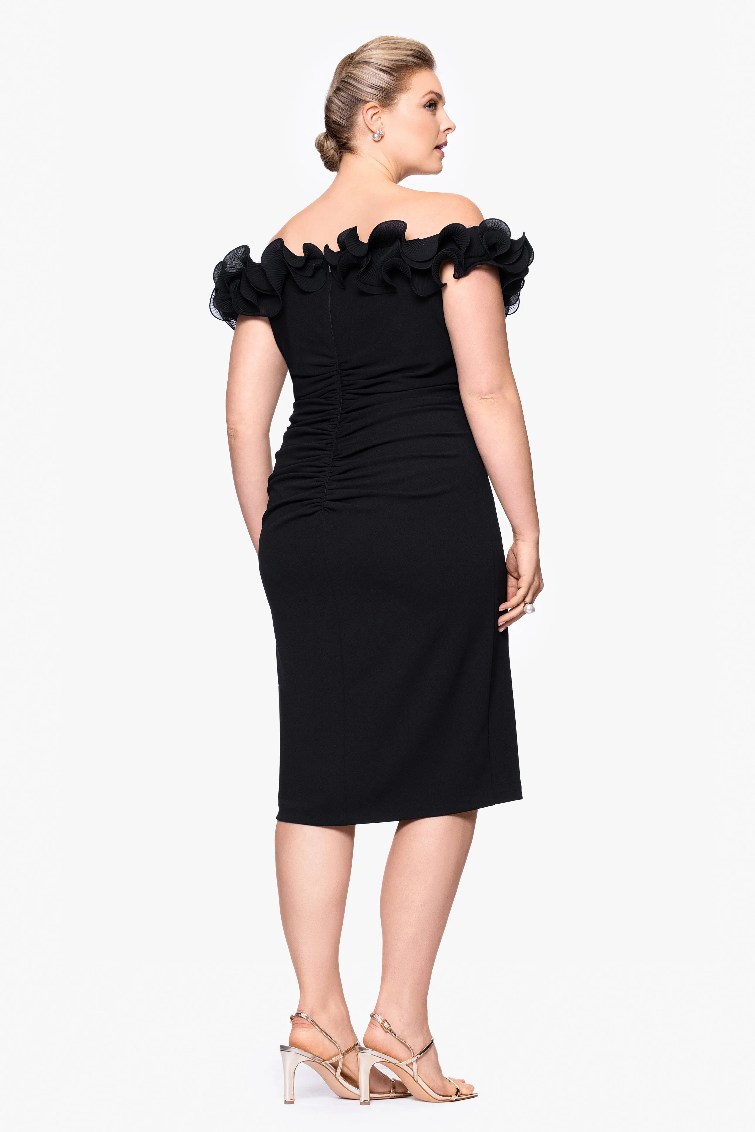 Plus "Natalia" Scuba Crepe Off the Shoulder Ruffle Neck Knee Length Dress sold by Xscape product image thumbnail 3