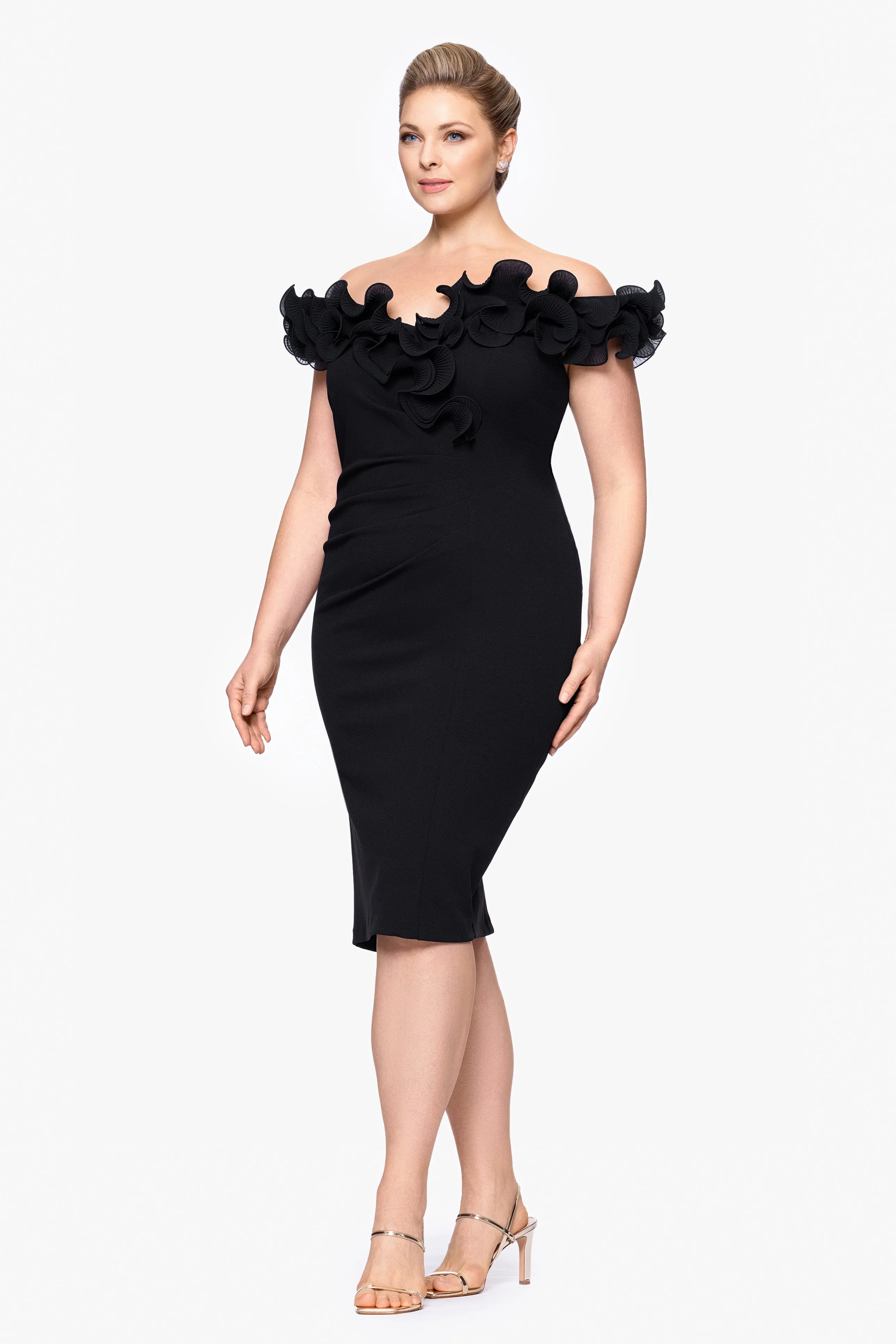 Plus "Natalia" Scuba Crepe Off the Shoulder Ruffle Neck Knee Length Dress sold by Xscape product image thumbnail 4
