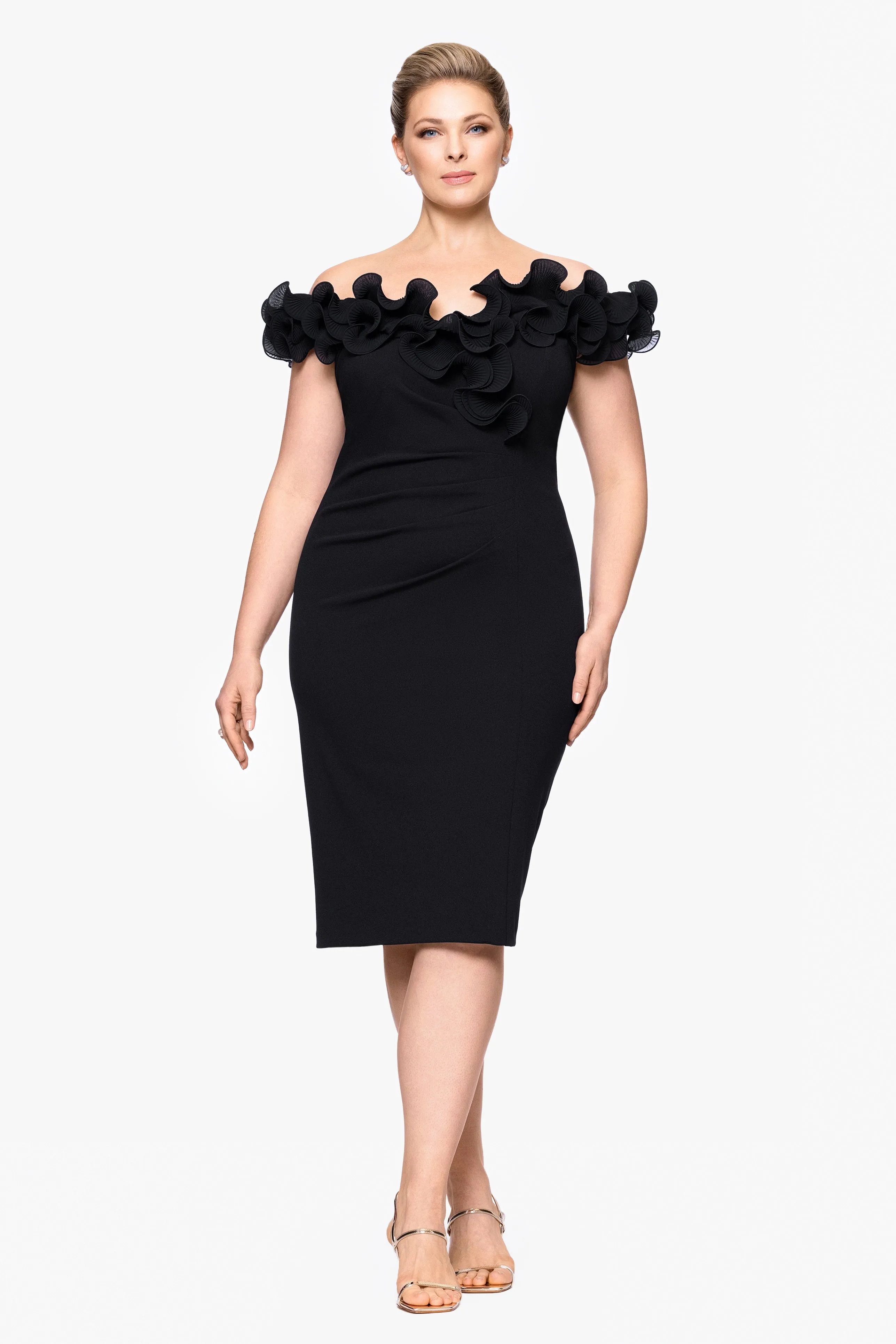 Plus "Natalia" Scuba Crepe Off the Shoulder Ruffle Neck Knee Length Dress sold by Xscape