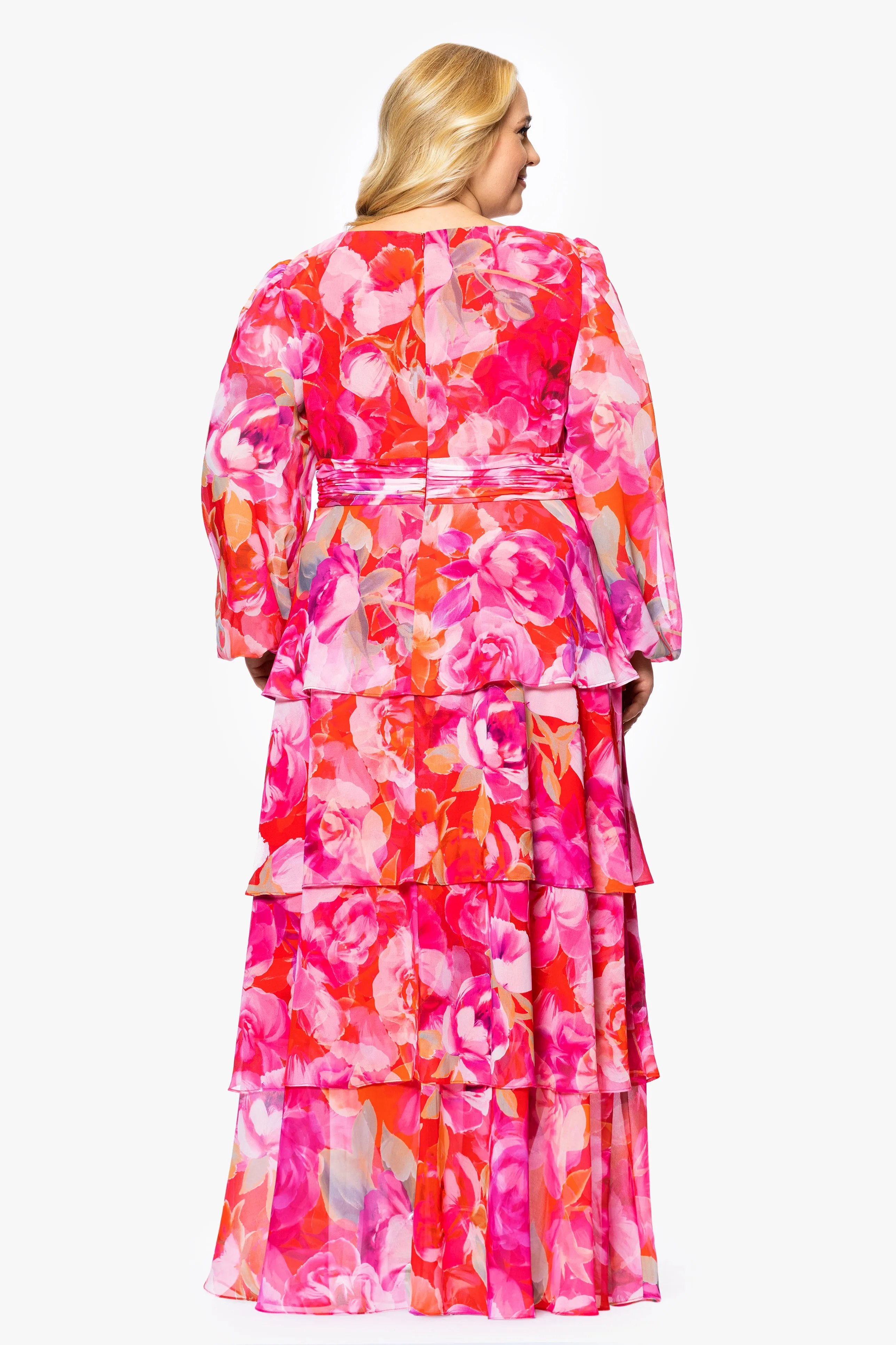 Plus "Norene" Print Chiffon Long Sleeve Ruffle Floor Length Dress sold by Xscape product image thumbnail 3
