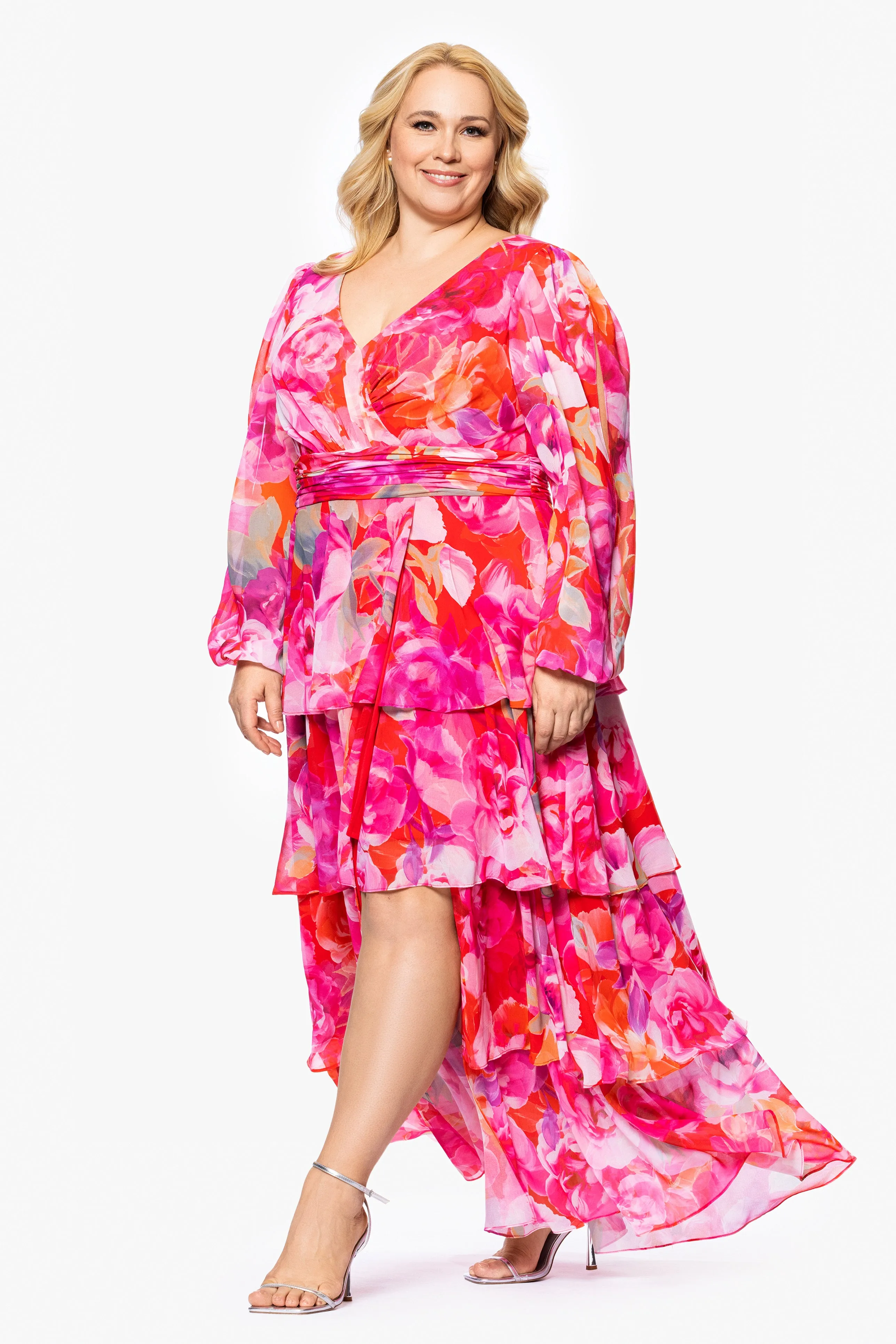 Plus "Norene" Print Chiffon Long Sleeve Ruffle Floor Length Dress sold by Xscape product image thumbnail 4
